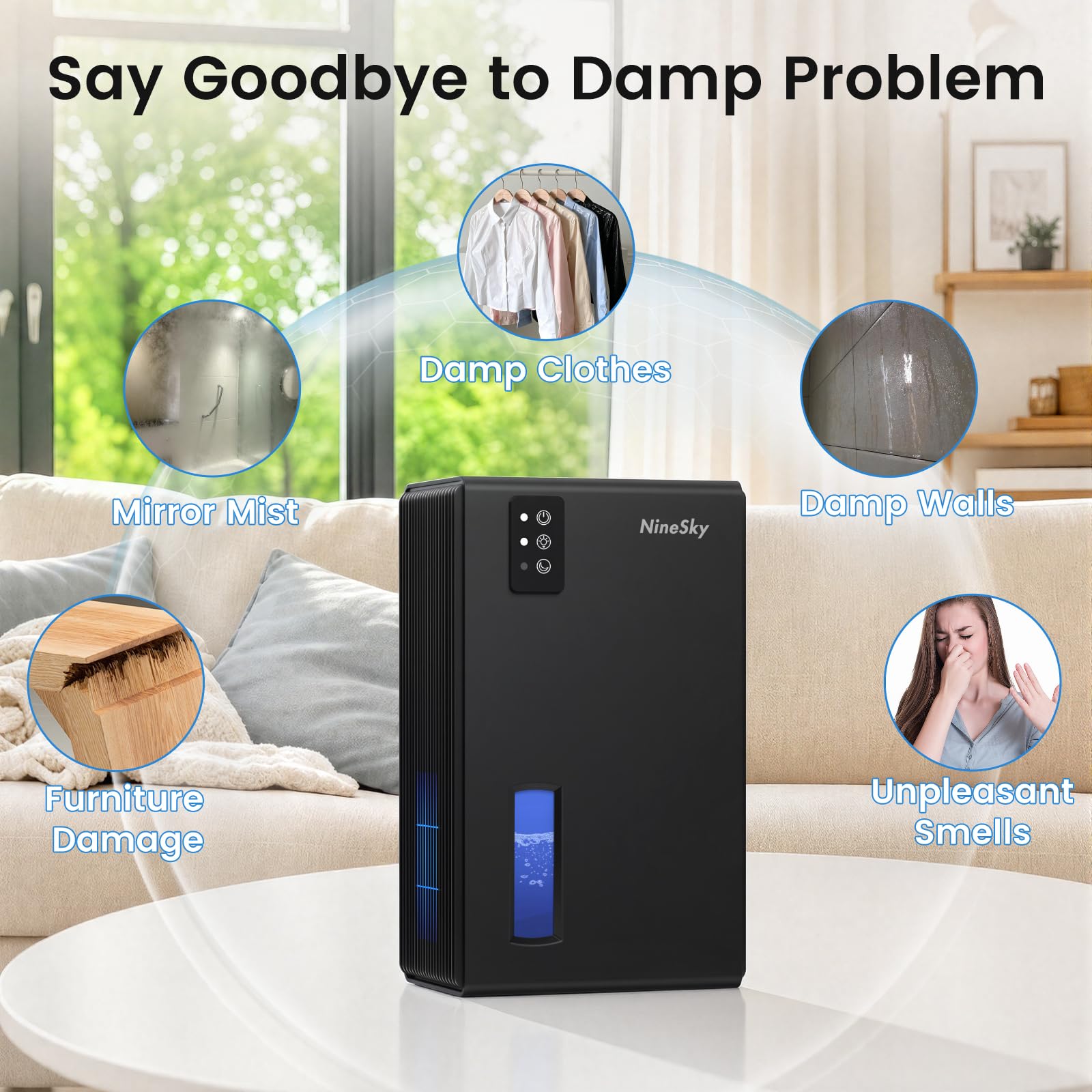 Deumidificatori per la casa, 1000 mq deumidificatore con serbatoio dell'acqua da 2,7 l, deumidificatore silenzioso per cantina, bagno, camera da letto, con luce ambientale a 7 colori e spegnimento