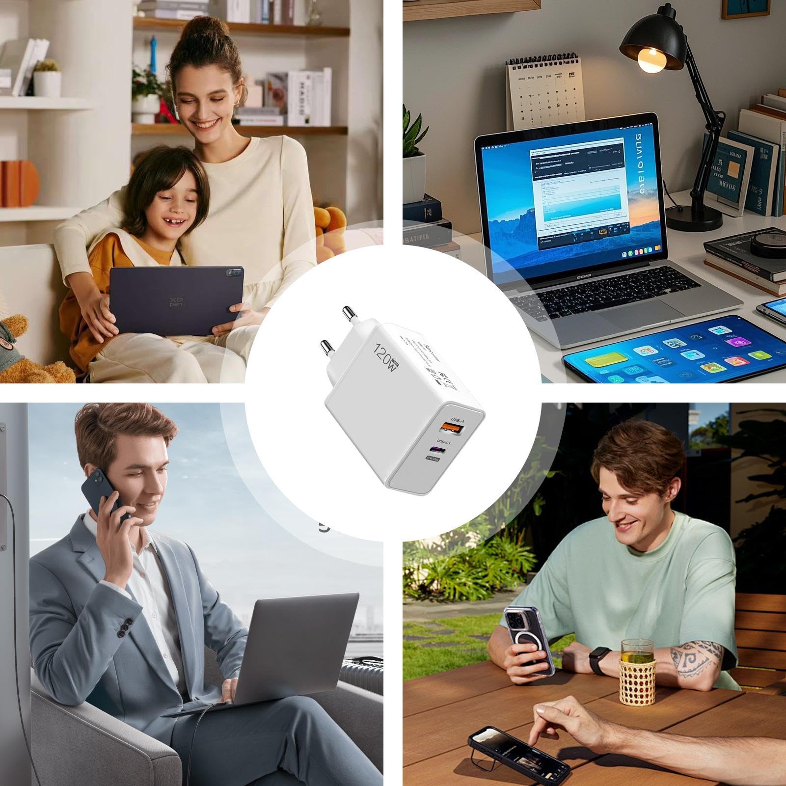 Caricatore per telefono Ricarica Rapida - Alimentatore da Parete 120W | Adattatore Compact Cube Accessori Telefono per Casa Ufficio Dormitorio