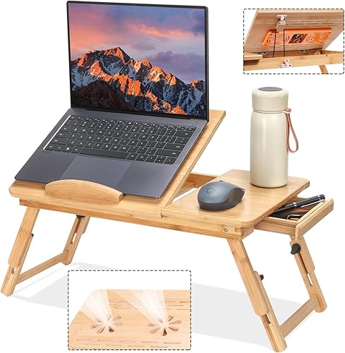 Escritorio ajustable de bambú para laptop con ventilador de refrigeración, bandeja de cama plegable para desayunar, escribir y dibujar, con parte