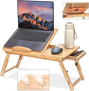 Adjustable Bamboo Laptop Desk with Cooling Fan, Foldable Bed Tray for Breakfast, Writing, and Drawing, with Tilting Top and Drawer, Portable Lap Desk for Bed, Sofa, and Floor. (bamboo)