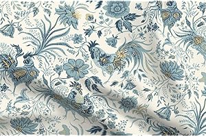 French Country Blue Rooster Printed Fabric - Satin for Crafts, Sewing, Quilting, Decor