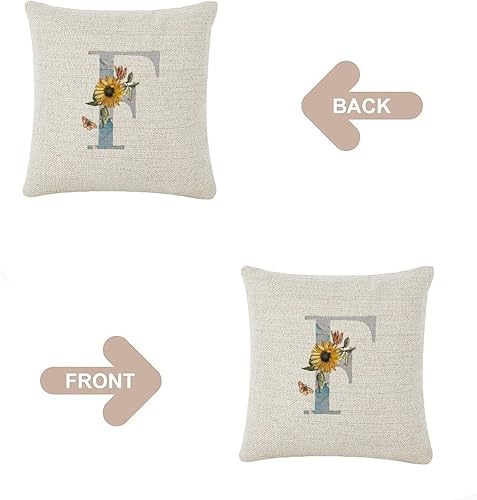 Miniatura 3 de Funda de cojín de lino y algodón para sala de estar dormitorio decoración de girasol acuarela monograma inicial letra F funda de almohada decorativa