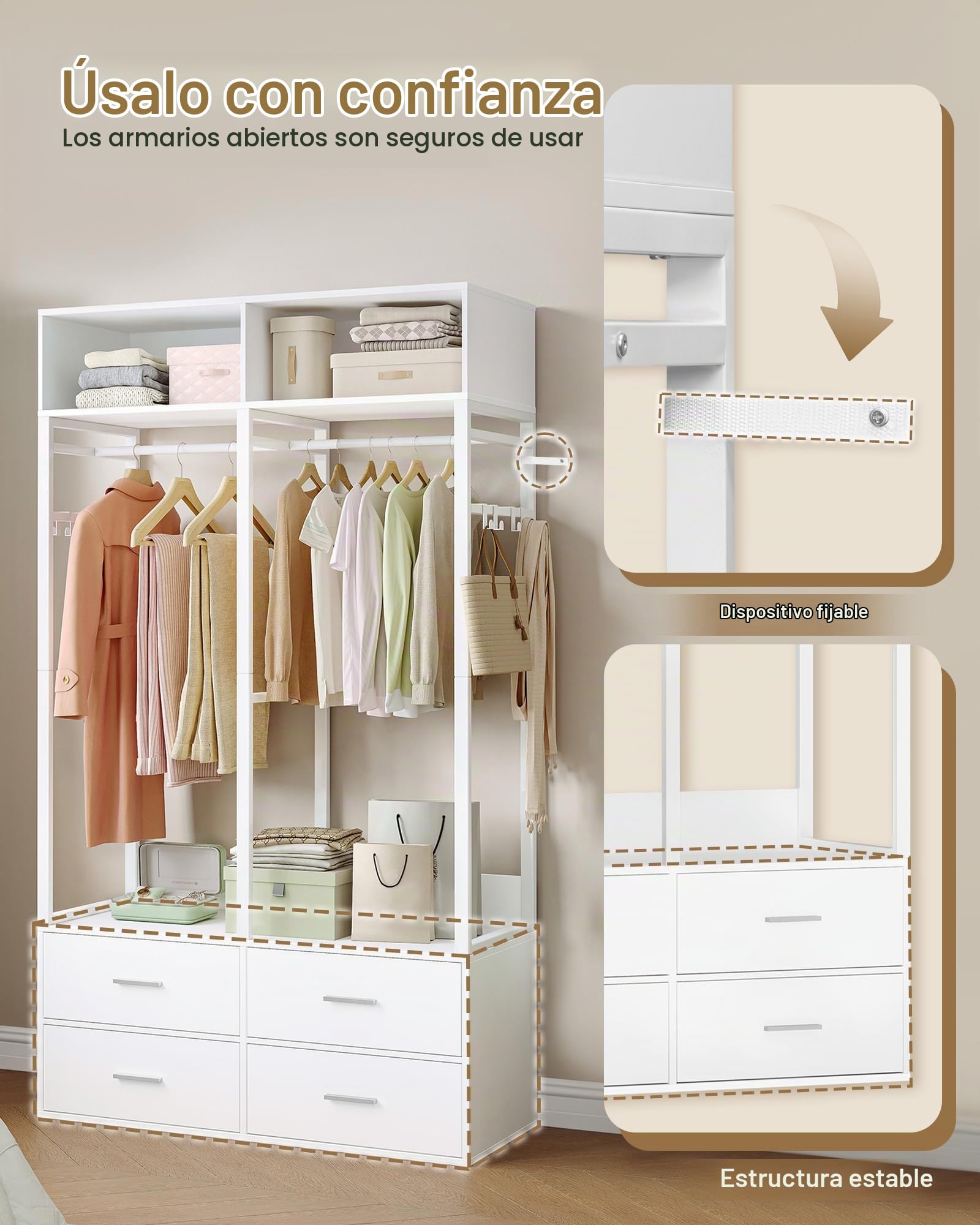 Hzuaneri Armario, Armarios Dormitorio con 4 cajones de Madera, Estante de Almacenamiento Superior, Construcción de Hierro y Madera, Adecuado para Walk-in Closet, 43 x 100 x 185 cm, Blanco BW06603W