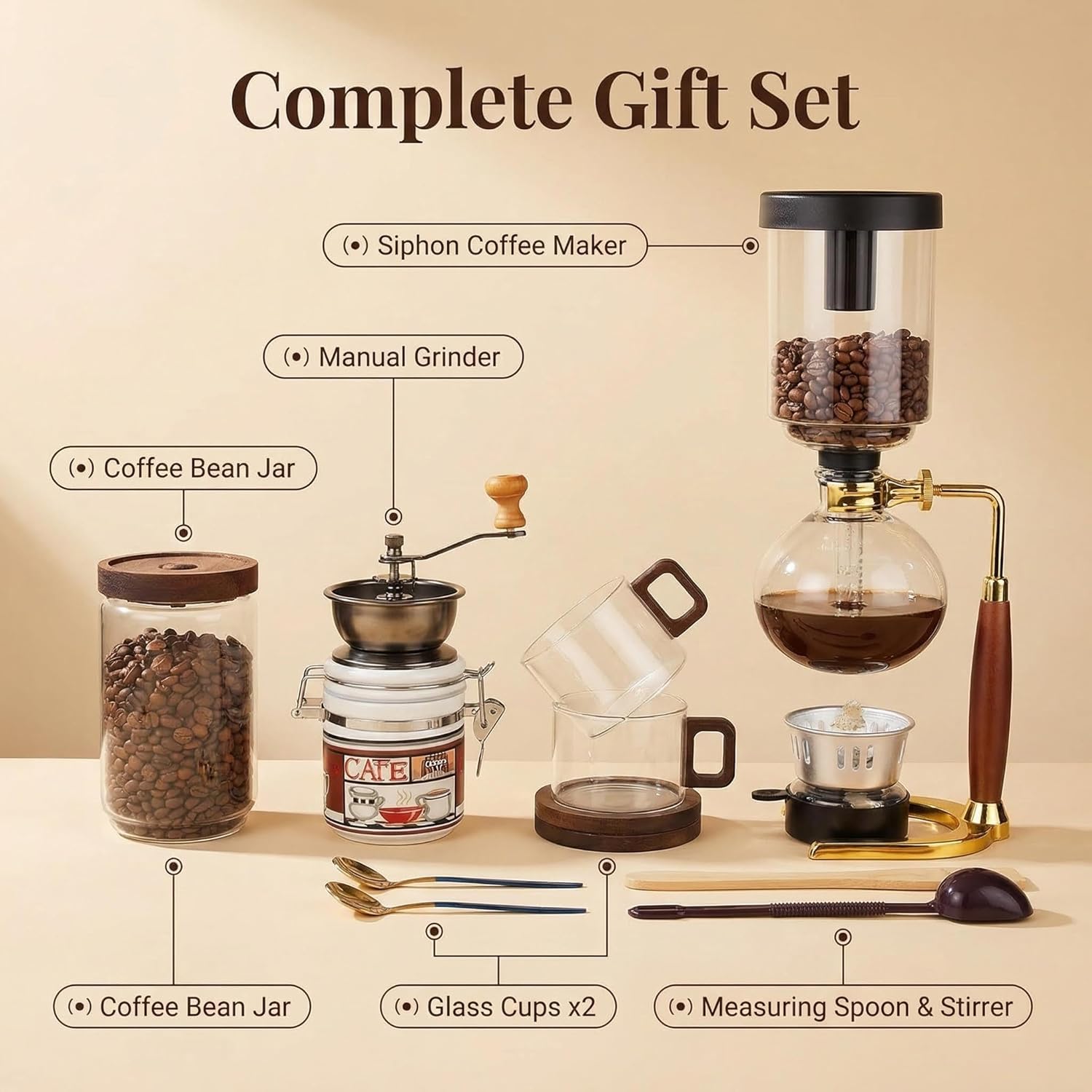 Pour Over Coffee Maker Set, with Siphon Coffee Maker, Manual Grinder, Glass Cup, Storage Container for Home Brewing and Travel, Coffee Lover Gift