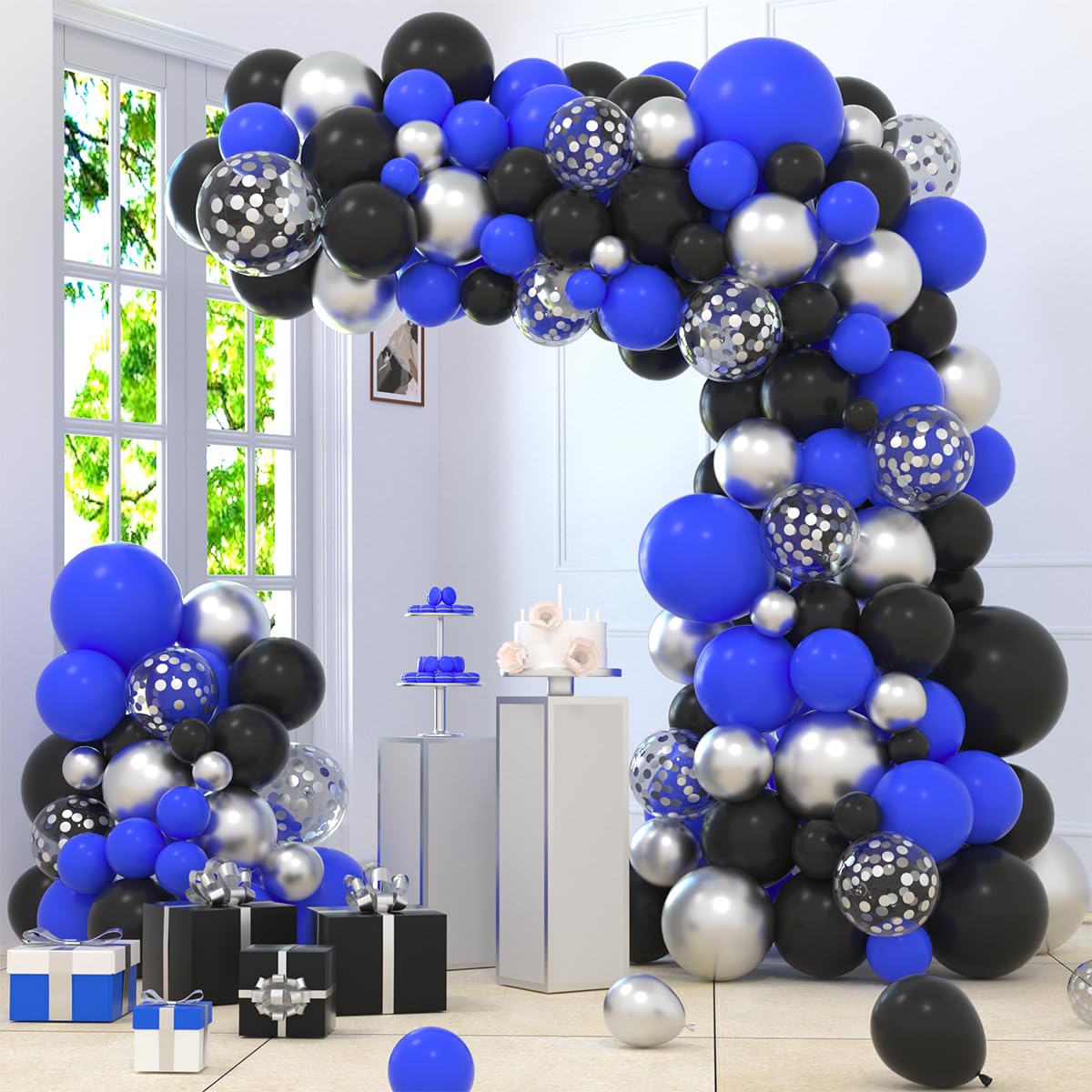Blue Silver Black Balloon Garland Arch Kit - Blue Black Balloon Metallic Silver Confetti Balloons for Video Game Men 30th 40th 50th Birthday