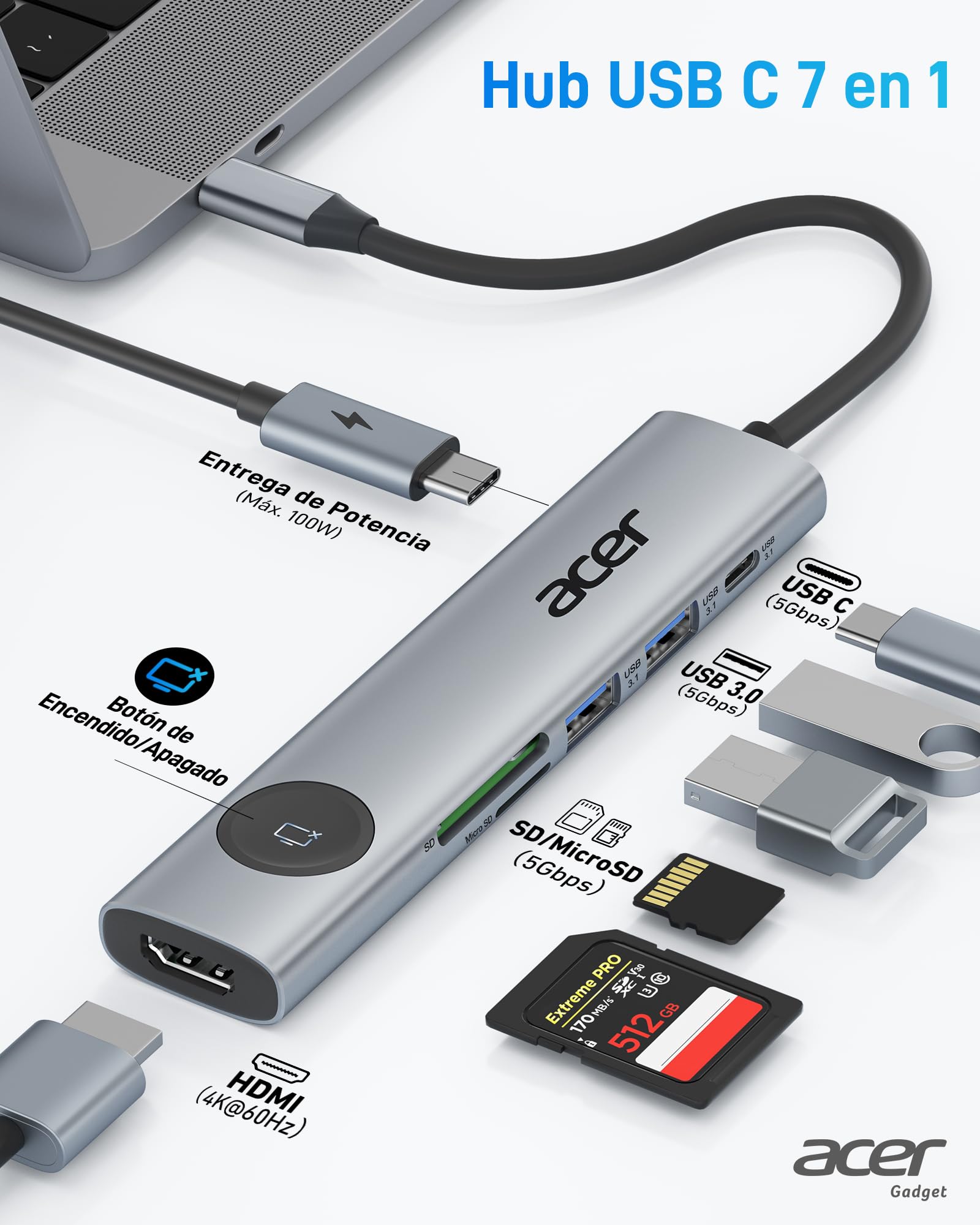 Acer Hub USB C 7 en 1, Docking Station 4K@60Hz Con 2 Puertos USB 3.0, PD 100W, Adaptador HDMI Con Botón de Encendido/Apagado Para Macbook, iPad Pro/Air, PC y Tabletas