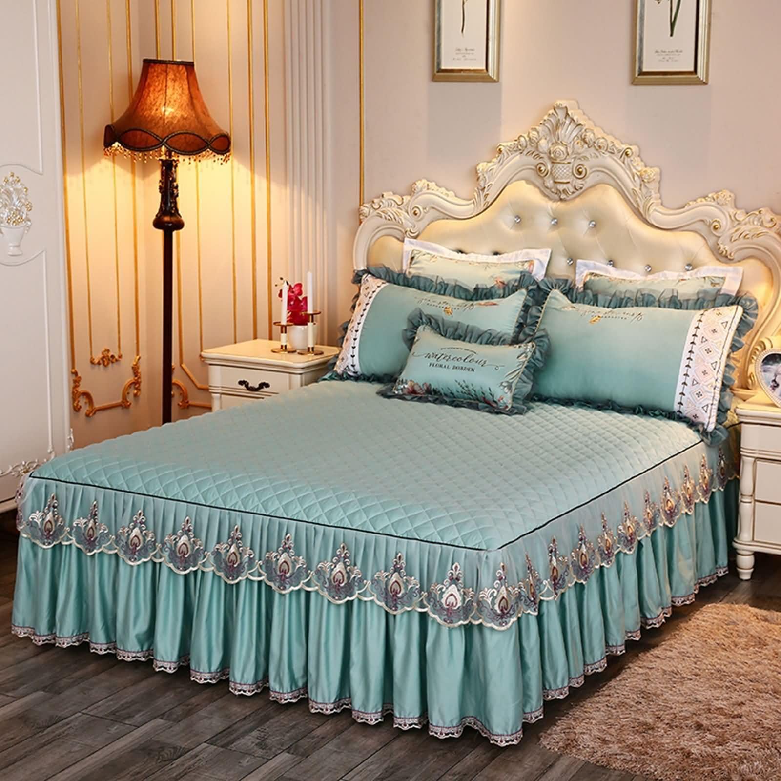 3-częściowy zestaw pościeli z gumką na materac typu king-size, poliester, bawełna, elastyczny, jednolity kolor, z haftowaną koronką, 187 x 188 cm + 2 poszewki na poduszki, jasnozielone