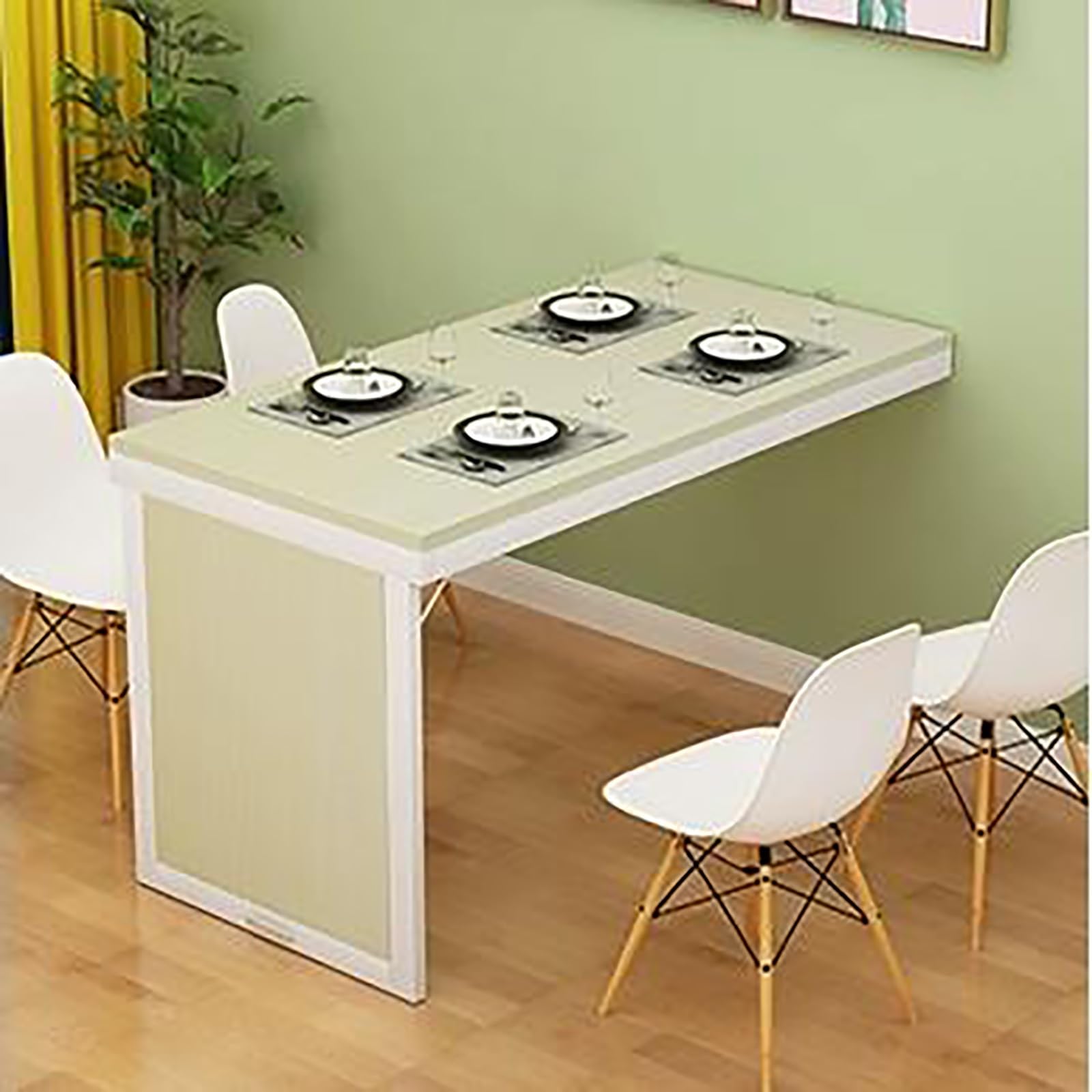 WQPMNYG Modern Wall Mounted Folding Dining Table Space Saving Invisible Bar Table with Foldable Support Pole for Dining Room Kitchen Bedroom White Ma