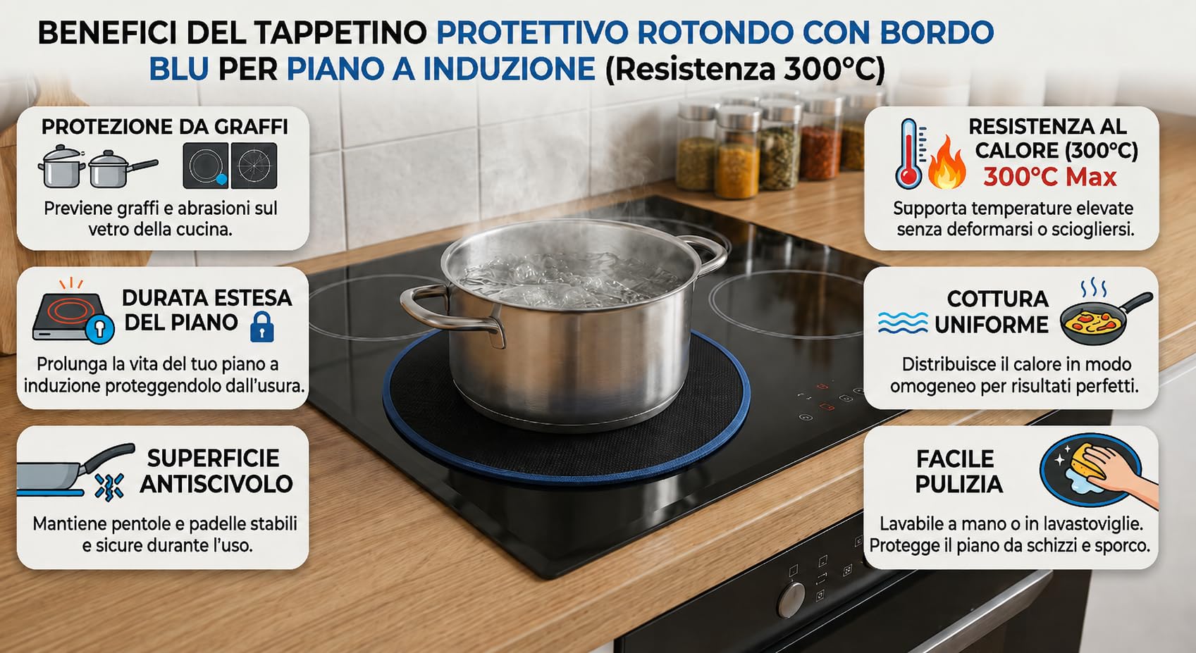 HOM&KITCHEN Tappetini Protezione Piano Induzione Set 5 Pezzi | Silicone + Fibra di Vetro, Fino a 300°C, Antigraffio e Antimacchia, 25x35 cm + 2x22 cm + 2x24 cm, Compatibili Solo Induzione