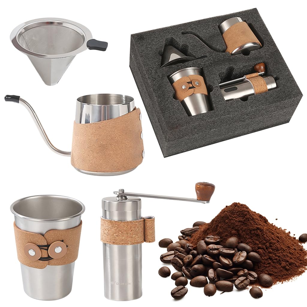 Supvox® 4Pcs Pour Over Coffee Gift Set Classic Stainless Steel Pour Over Coffee Kit for Camping Brewing with Metal V60 Filter, Gooseneck Kettle, Hand Grinder, and Coffee Mug Included-image-11