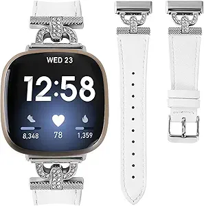 Luxe Leather Bands Compatible With Fitbit Versa 4/Versa 3/Sense 2/Sense Bands For Women D-shaped Bling Metal Buckle Replacement Straps.