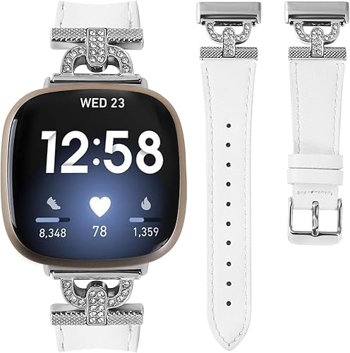 Luxe Leather Bands Compatible With Fitbit Versa 4/Versa 3/Sense 2/Sense Bands For Women D-shaped Bling Metal Buckle Replacement Straps.