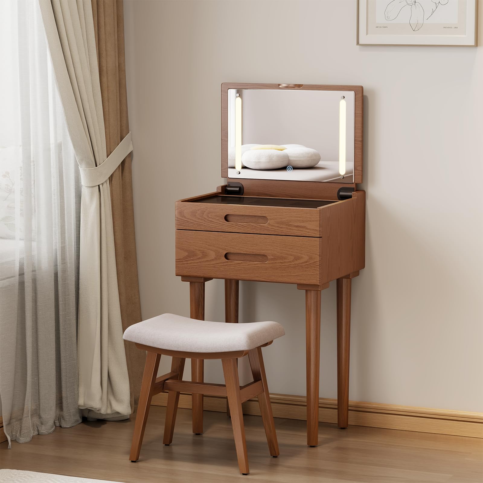 木製ドレッサー コンパクト 鏡台 LEDライト付き サイドテーブル 天然木 ドレッサー ドレッサーテーブル 化粧台 鏡台 コンパクト ドレッサー