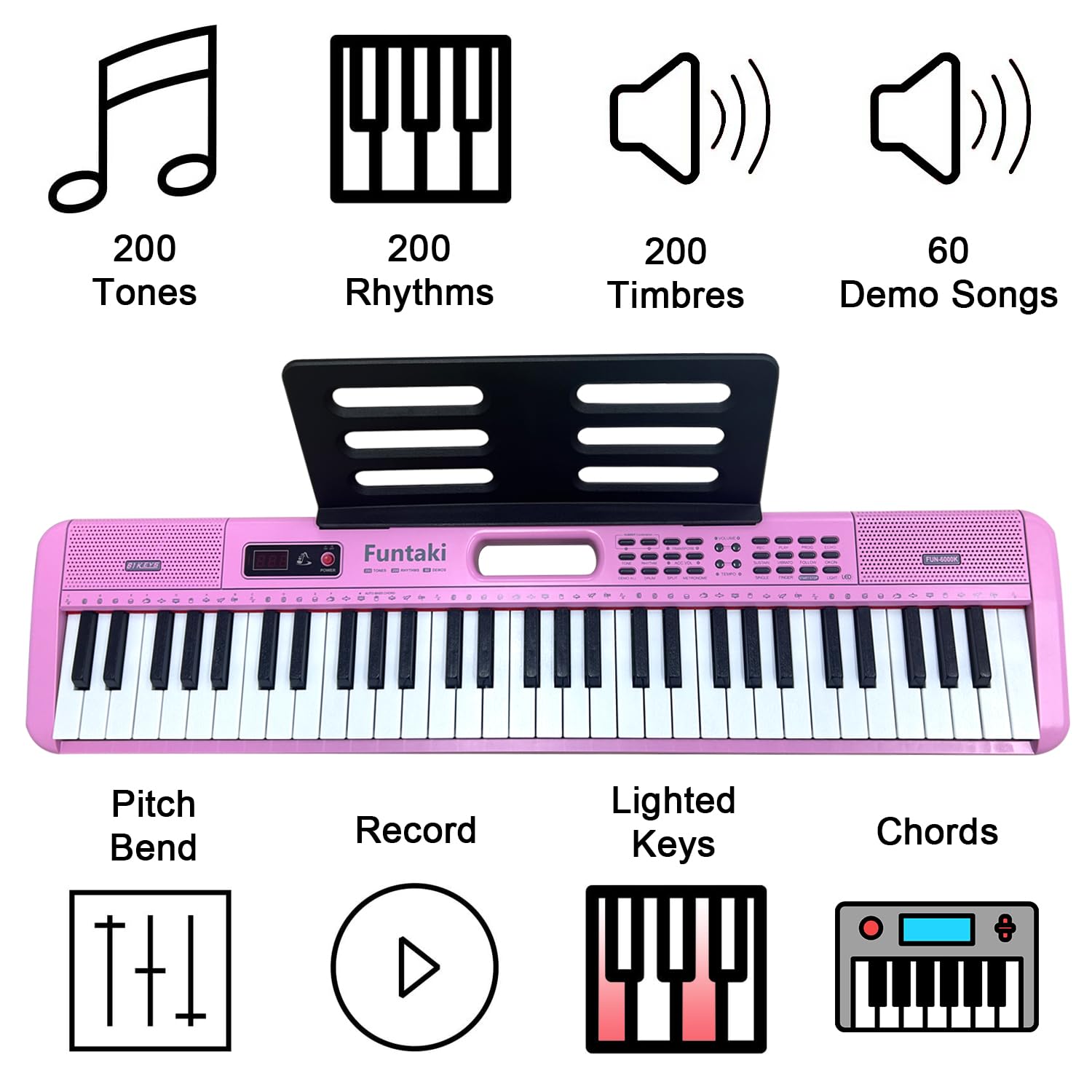 Piano de teclado interactivo de 61 teclas para niños, teclas iluminadas, soporte MIDI, 200 sonidos y canciones de demostración, piano eléctrico portátil para edades de 3 a 7 años principiantes