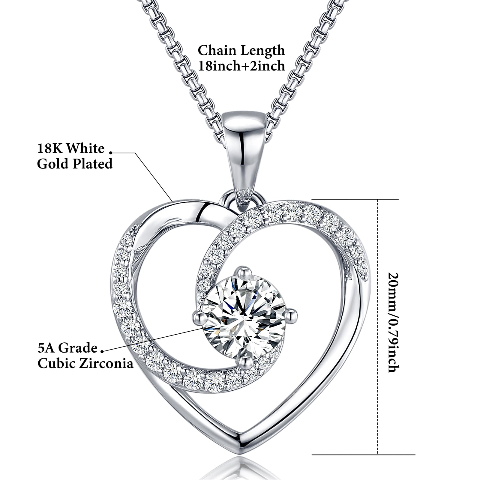 Collier Femme Pendentif Cœur Amour Éternel Bijoux | Plaqué Or Blanc 18 Carats Idée Cadeau Romantique et Unique pour Anniversaire Fête des Mères Saint-Valentin Noël