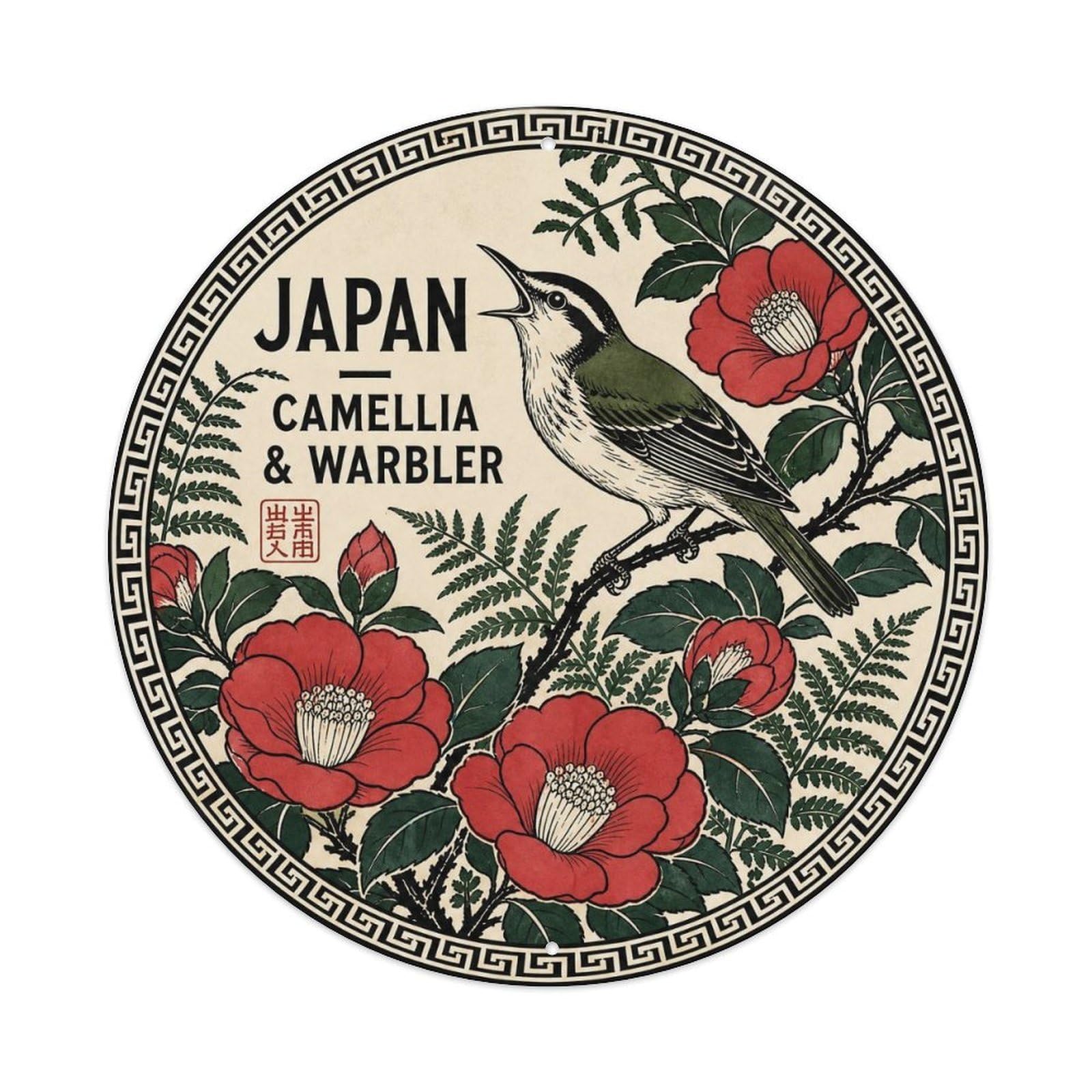 Olyhtr 8X8inch Classic Style Edo Japan Camellia Warbler Ceramic Folk Pattern Metal Tin Sign