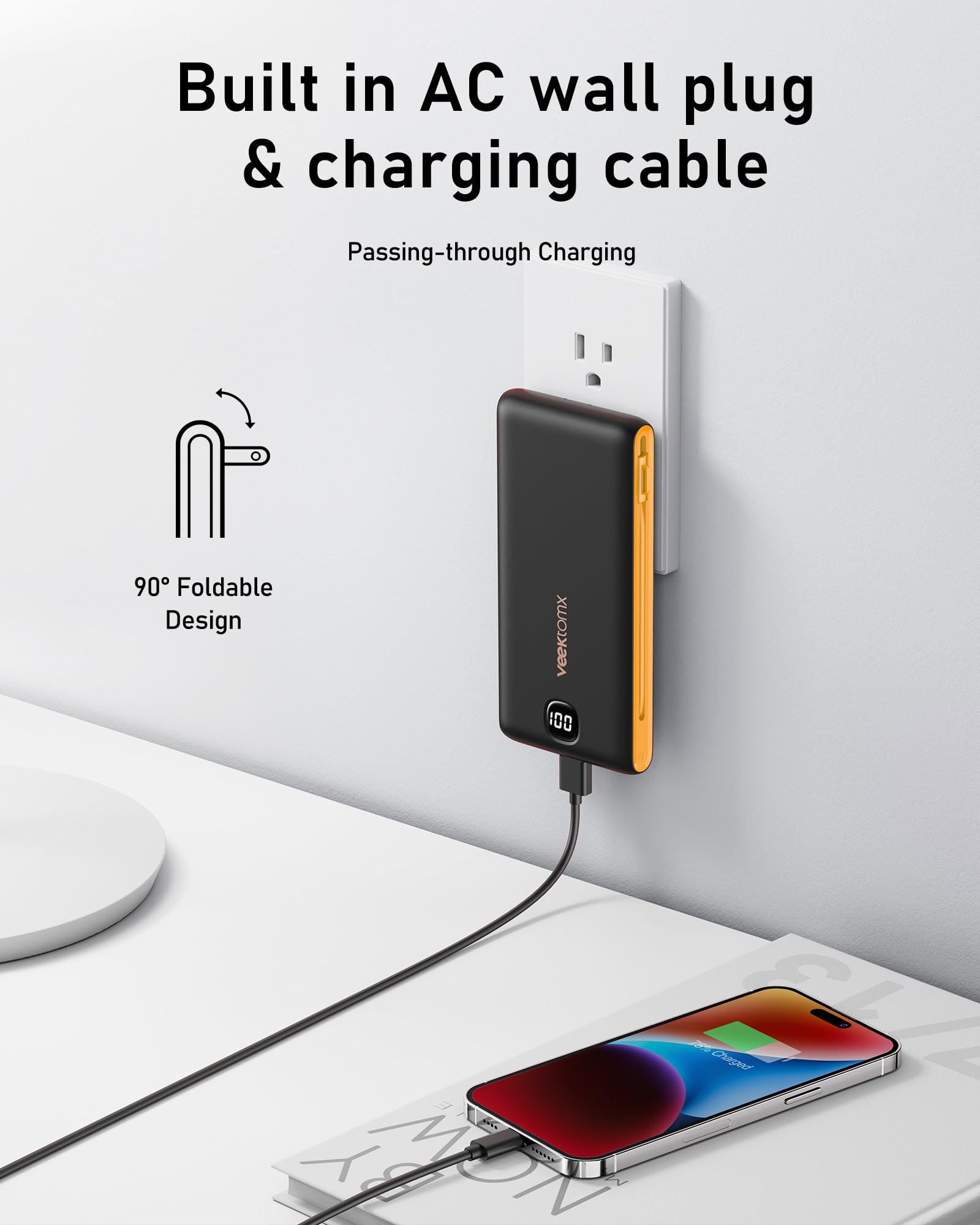 VEEKTOMX 10000mAh Portable Charger with Built-in Cables & Wall Plug view 2