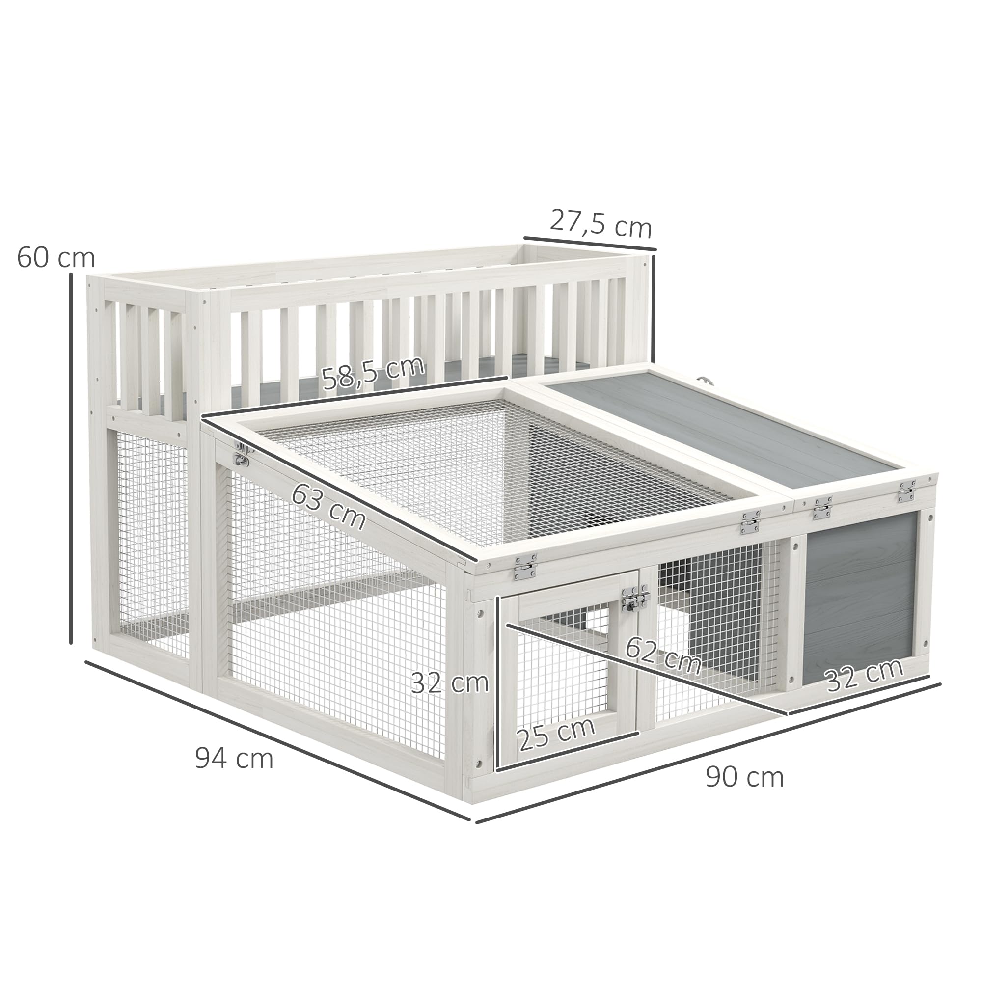 PawHut Clapier, Cage à Lapin en Bois avec étagère pour Plantes Grand Espace en Bois, Plusieurs Portes - Dim. 94L x 90l x 60H cm - Gris et Blanc