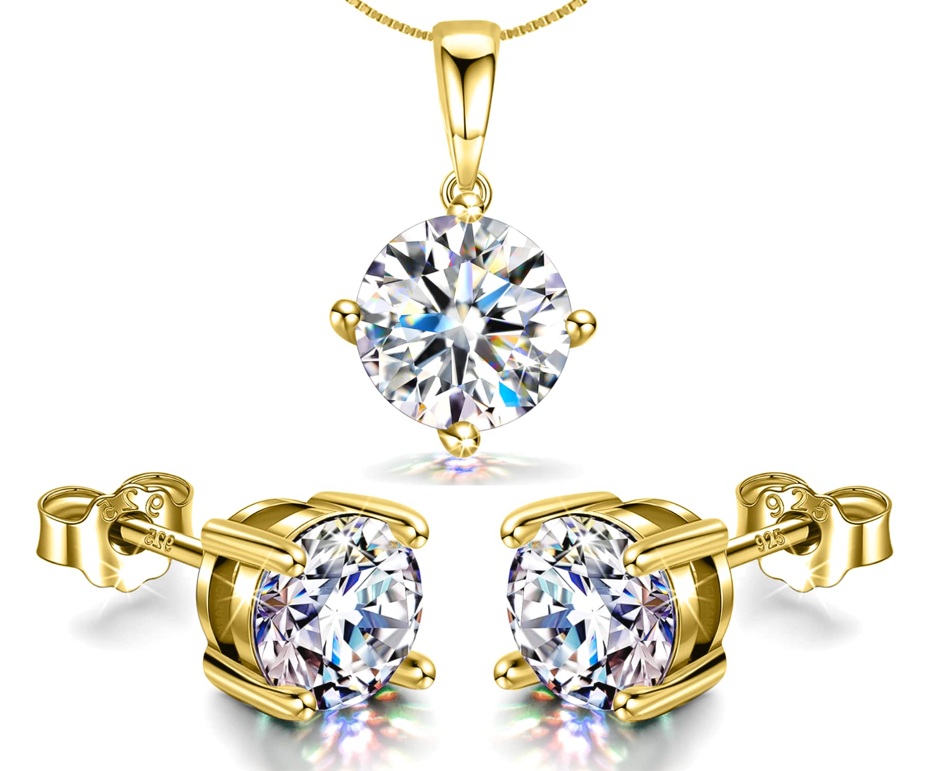 HighSpark 925 Silver Solitaire Earrings Pendant Necklace Set | 92.5 Sterling Silver & Diamond like Brilliance Sparkling Zirconia | Lovely Gift for Women & Girls - Gold Set 8mm (B097H7BKB8) Amazon Price History, Amazon Price Tracker