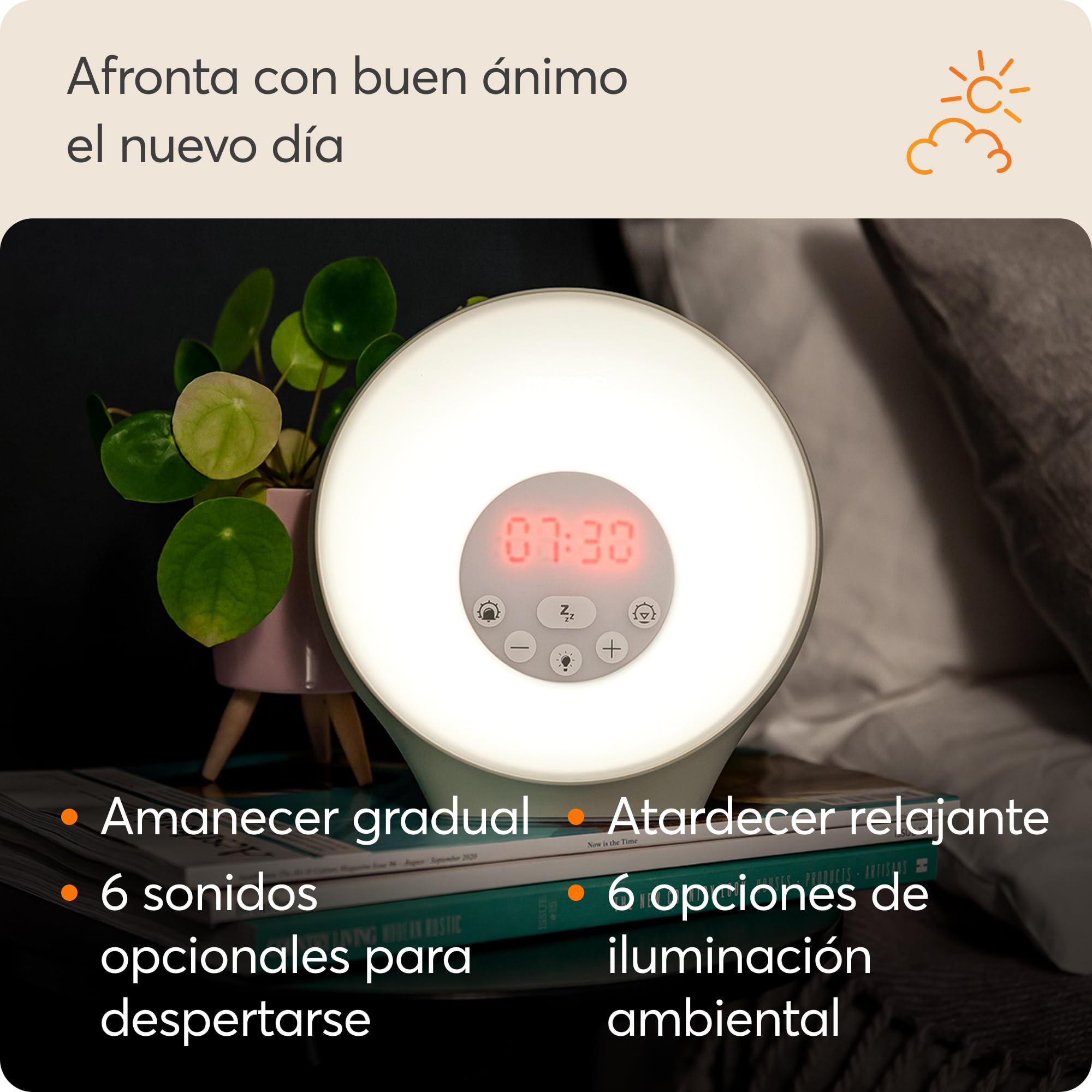 Lumie Sunrise Alarm - Simulación de Amanecer y Anochecer Graduales, Alarma Despertador con Luz, 5 Sonidos, 6 Colores de Luz Ambiental