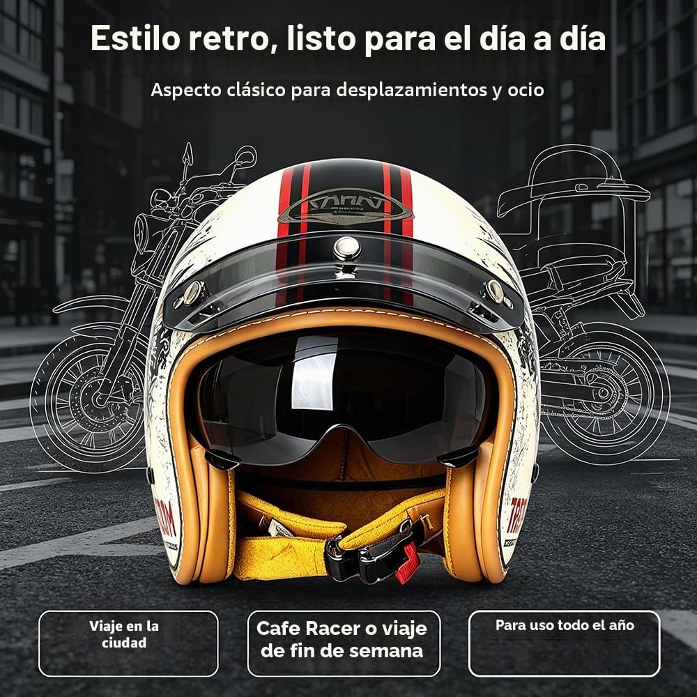 Casco Moto Abierto Scooter Retro Homologado ECE, Casco Moto Jet Vintage, Casco Jet de Motocicleta con Almohadilla Facial Extraíble y Cierre Micrométrico