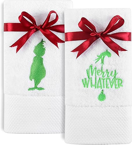 Paquete de 2 toallas de mano con texto en inglés "Merry Whatever Christmas", 100% algodón, divertidas bordadas, decoración de lujo de primera