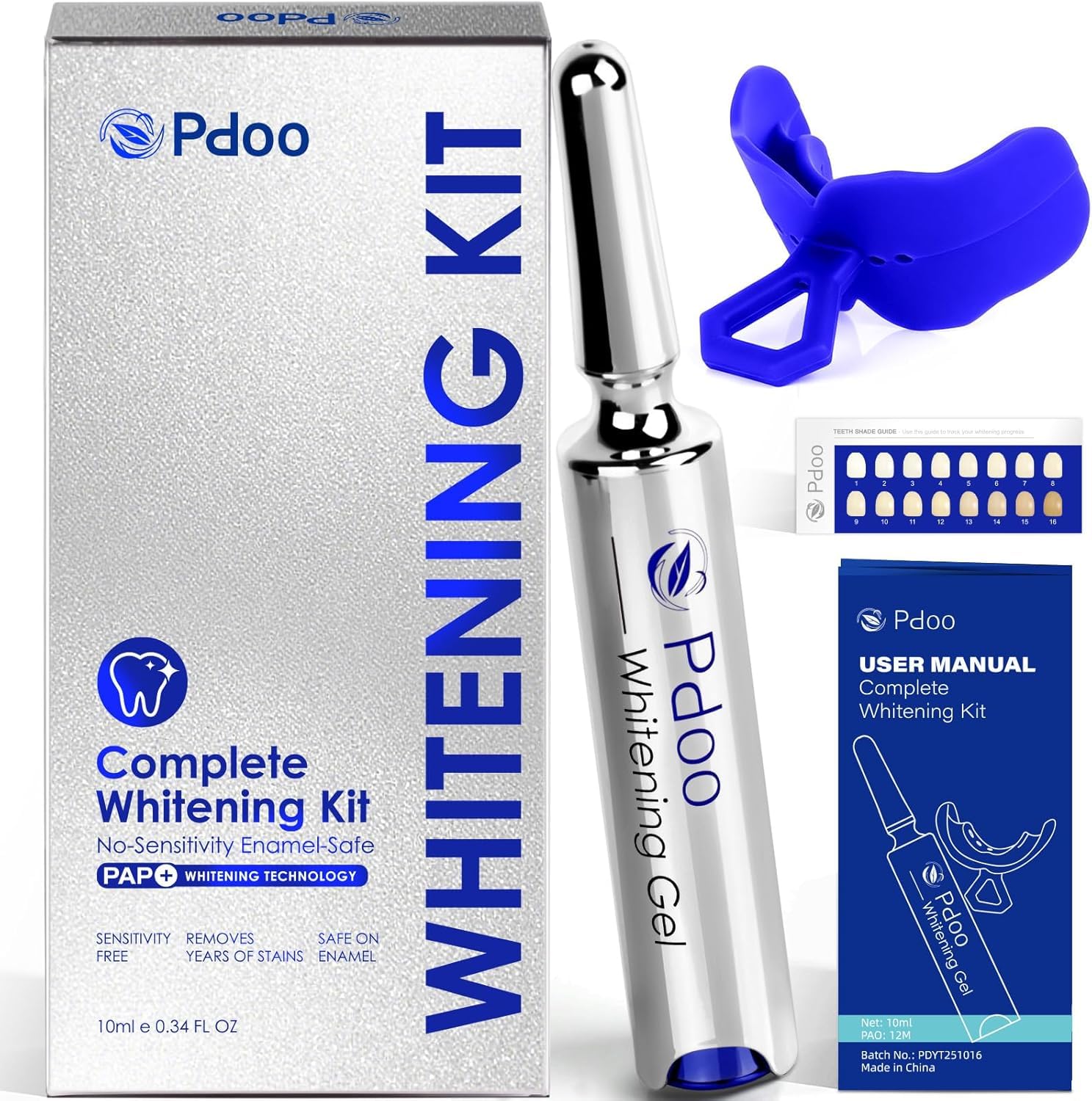 Kit de blanqueamiento dental con Pap+ | Bolígrafo de gel blanqueador de dientes de 10 ml y bandeja de blanqueamiento de silicona para todos los dientes, sin sensibilidad, sin peróxido y kit de