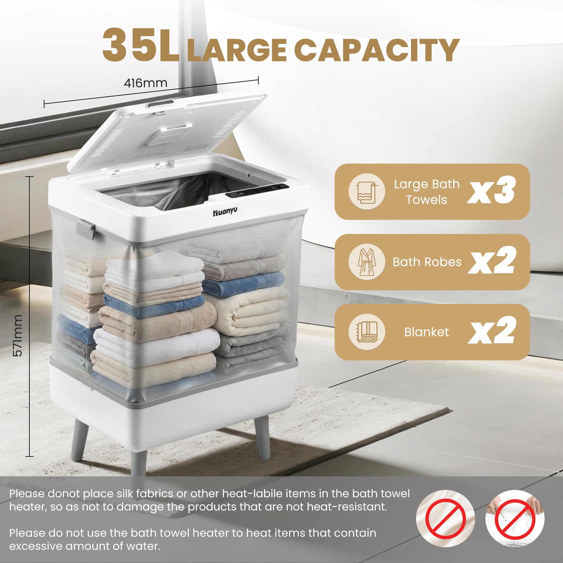 Huanyu Calentador de Toallas 35L Cubo Calentador de Toallas Plegable para baño y SPA Calentador de Toallas de Lujo con función de programación y Gancho Colgante extraíble