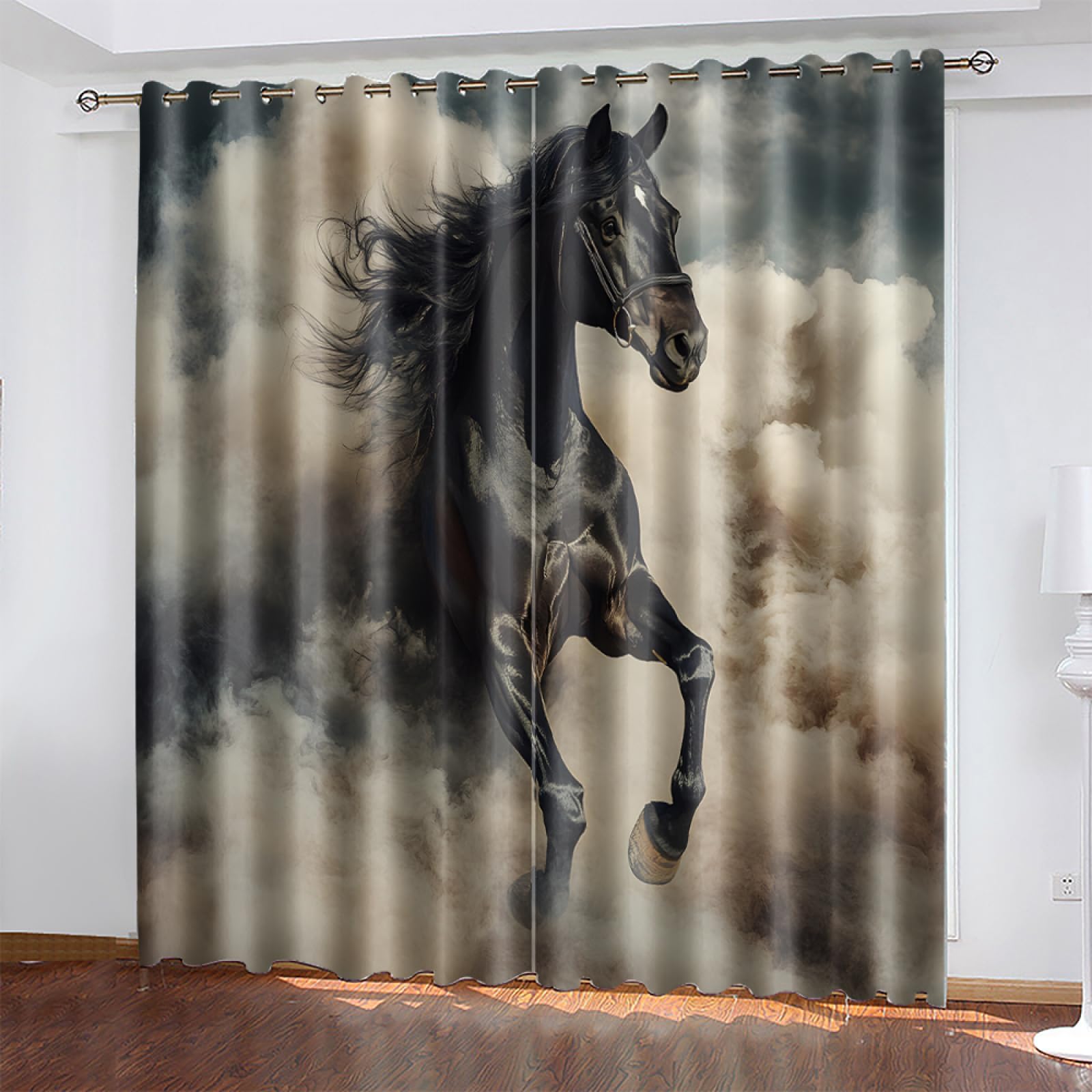 Wazylphin Blackout Eyelet Curtains Black Brown Horse Thermal Blackout Curtains for Bedroom Living Room Black Out Curtain Reduce Noise Eyelet Curtins Durable Polyester Thick Window Curtain 2x75x166cm