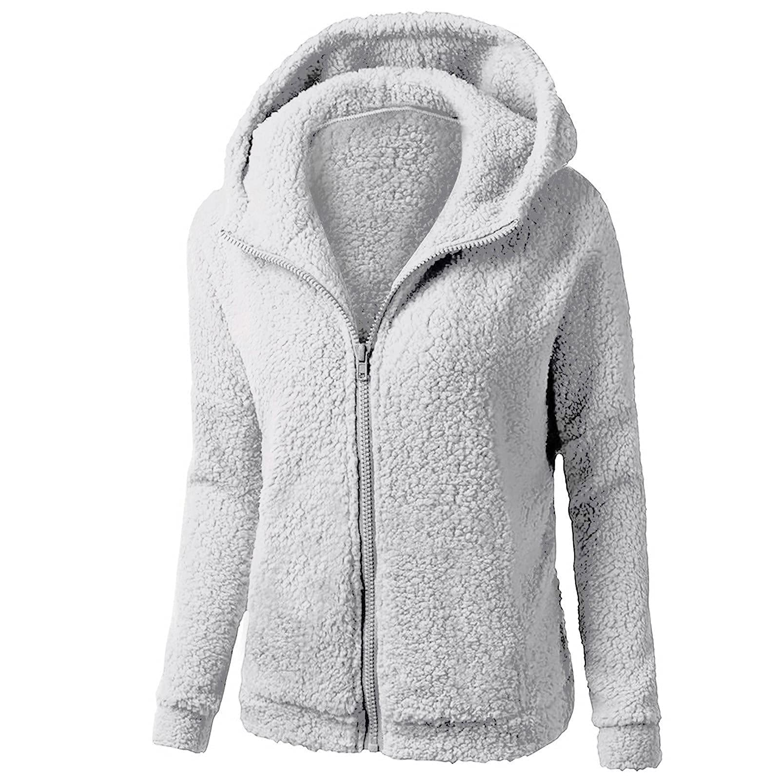 Fleece Jacket Women Full Zip Up Hoodie Trendy Solid Color Long Sleeve  Casual Warm Fall Jackets Loose Coat