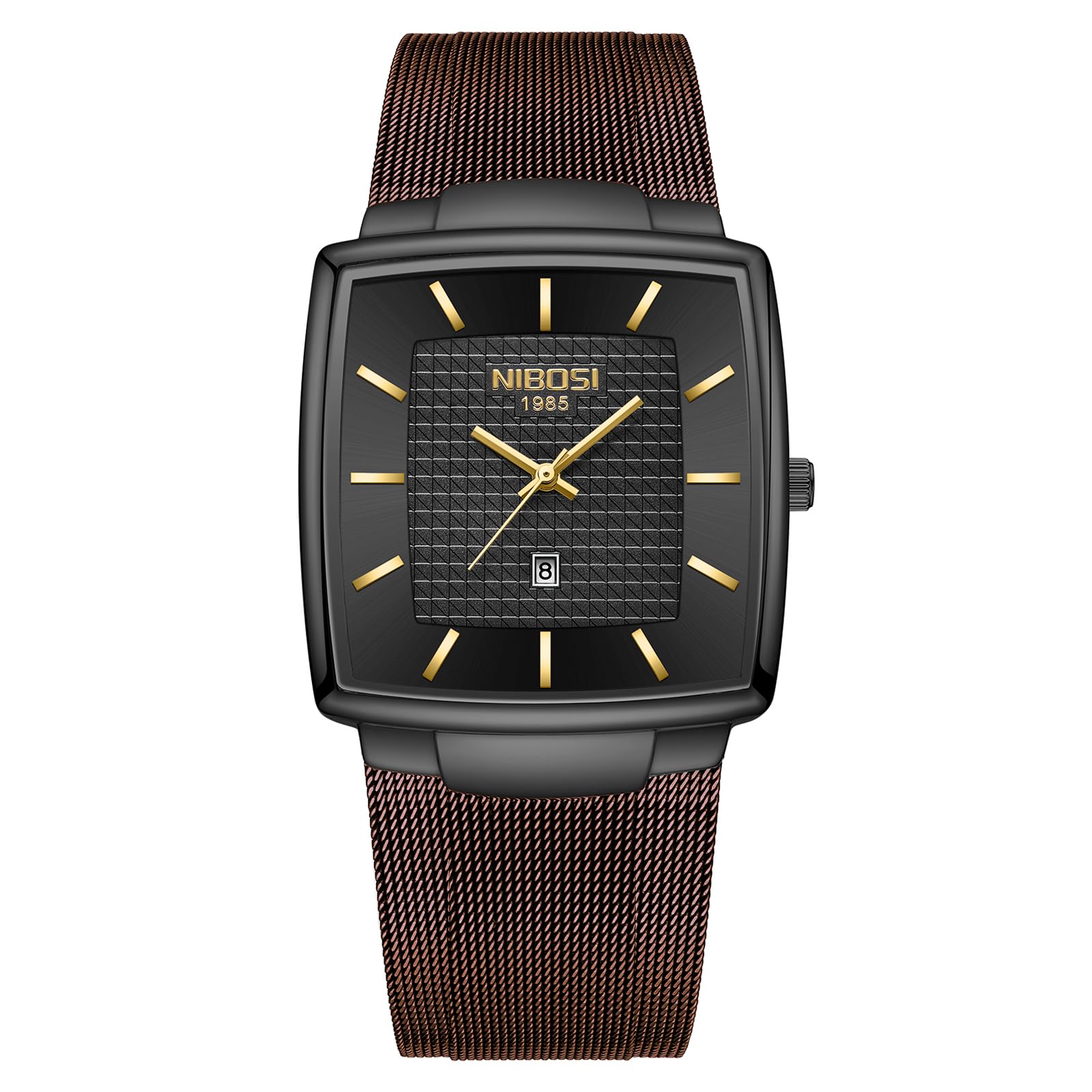 NIBOSI Orologi da uomo Orologi analogici quadrati al quarzo in acciaio inossidabile per uomo Cinturino a maglia Impermeabile Orologio sportivo da lavoro con datario