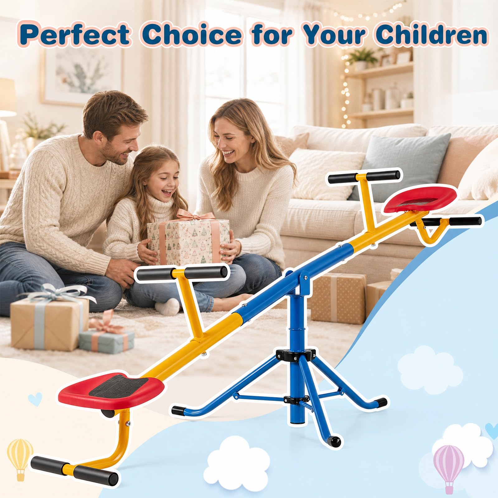 HOMASIS Balançoire à bascule pour enfants 2 places, Bascule d'extérieur avec rotation à 360° et verrou pour les jambes, jusqu'à 60 kg de charge, balançoire à bascule pour jeunes enfants de 3 à 8 ans
