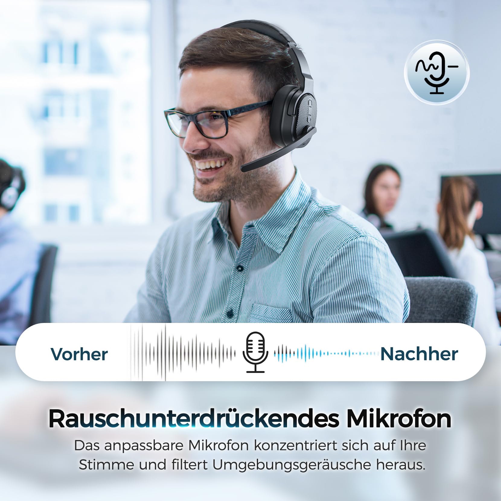 COSMUSIS Bluetooth Headset mit Mikrofon, 50 Std. Akkulaufzeit Wireless Headset Kabellos, Bluetooth Kopfhörer mit Mikrofon und abnehmbare Ohrkissen, Noise Cancelling Kopfhörer mit Stummschalt-Taste