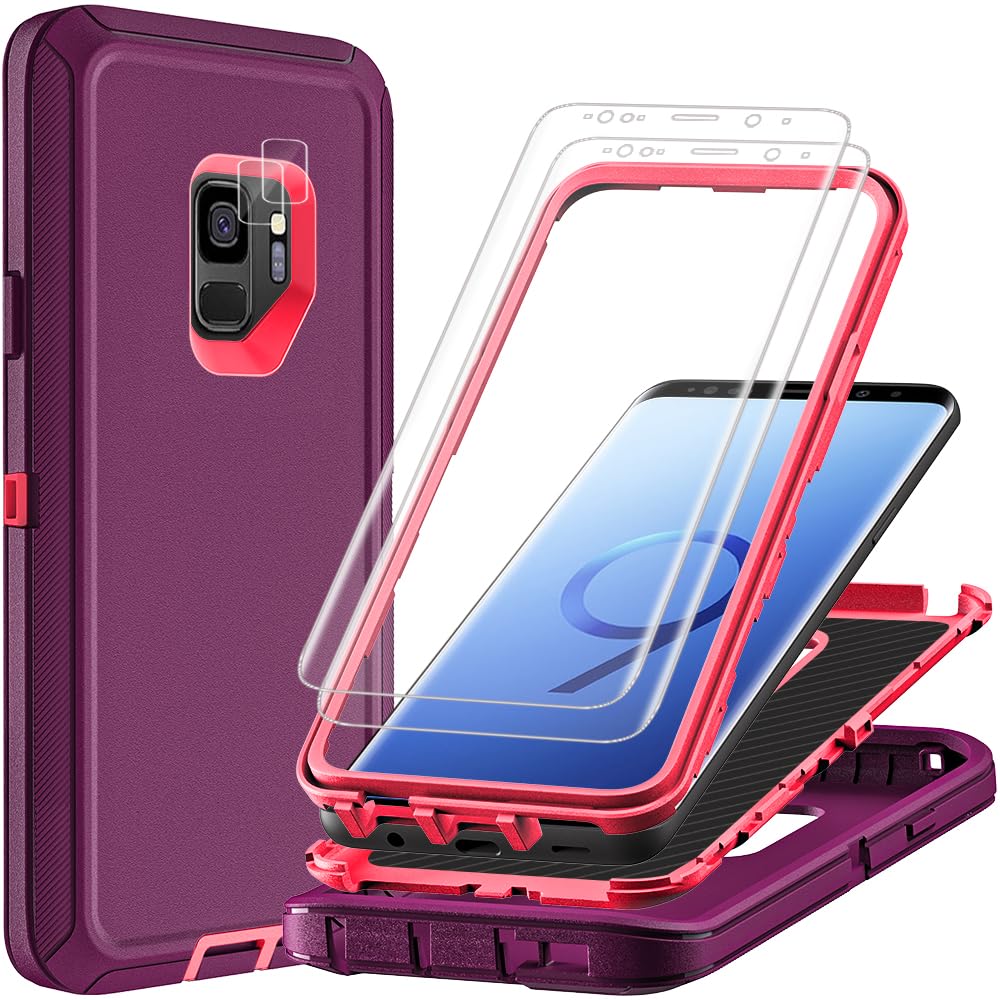 TFDSEUGH for Samsung Galaxy S9 Case with 2Pcs Self Healing Flexible TPU Screen Protector & Camera Lens Protector, 3 in 1 Heavy Duty Shockproof/Drop