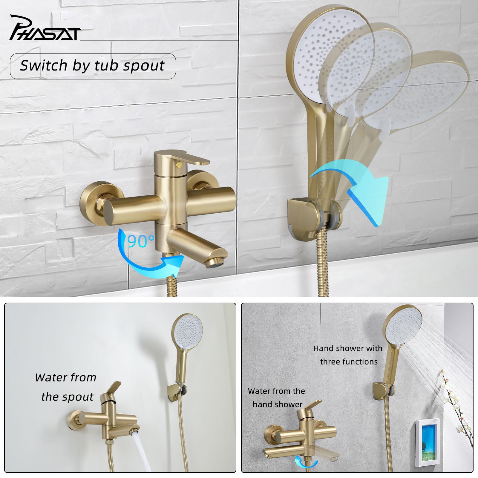 PHASAT Wandmontage Badewannenarmatur mit Handbrause Badewannen Amaturen Set Badewannenarmatur für 90 ° drehbaren Auslauf Bürste Gold PTBG04E
