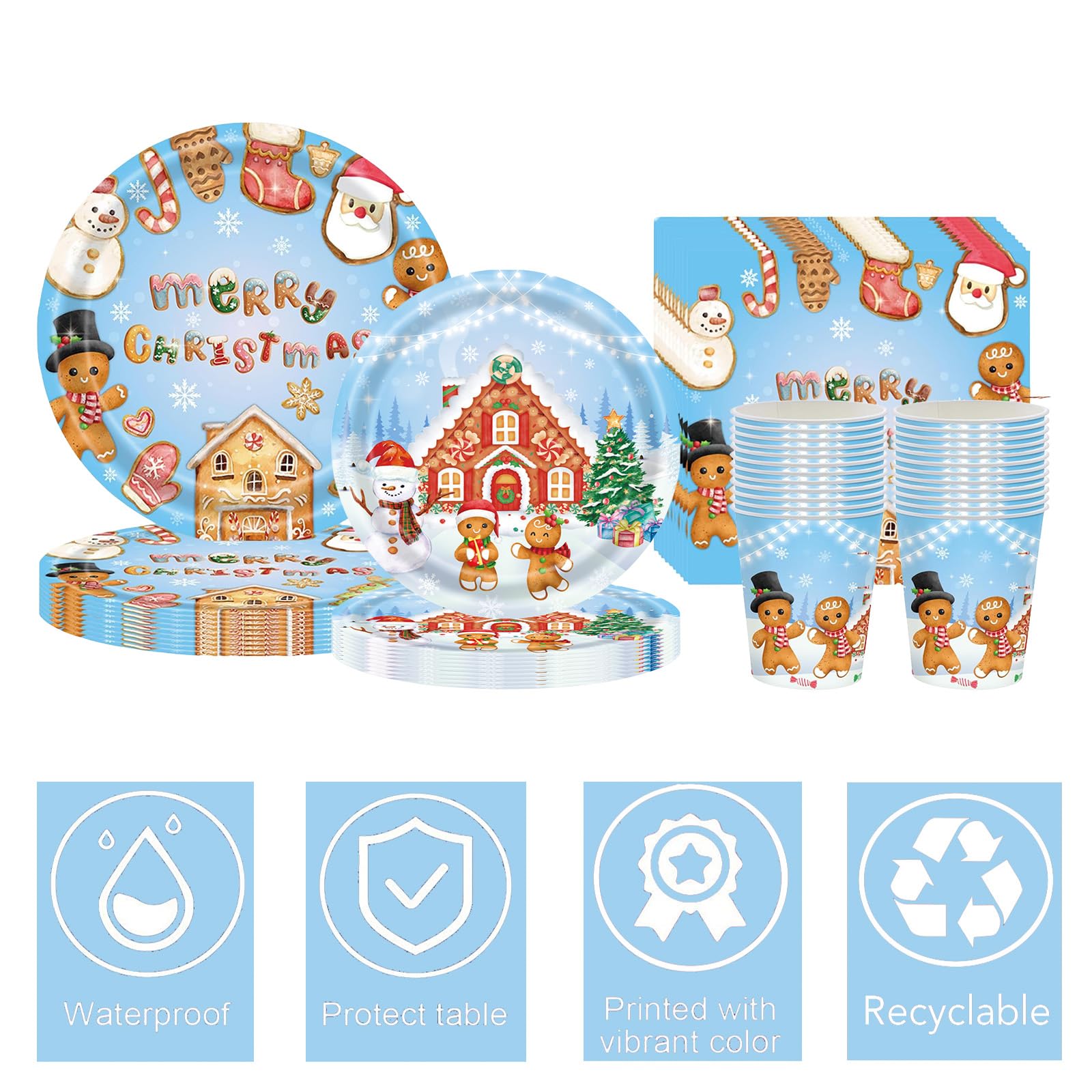 70PCS Gingerbread Man Christmas Tableware Set, Disposable Plates, Napkins, Cups, Tablecloth & Merry Christmas Banner - Image 3