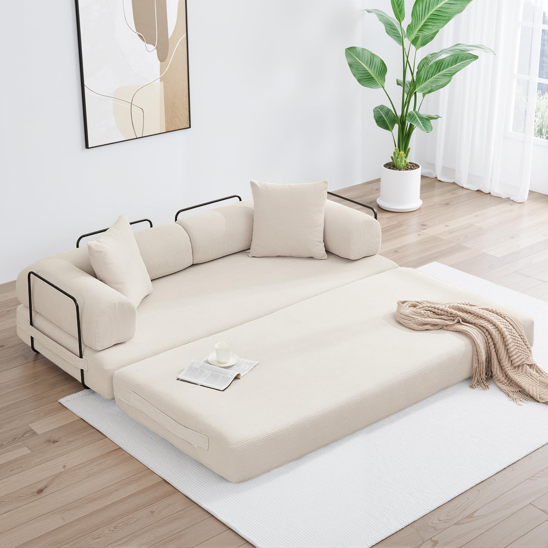 Convertible Sleeper Sofa Bed with Cylindrical Pillow, Corduroy Folding Mattress Couch with Fixed-Shape Frame, Floor Sofa Lounge Couch for Living Room Bedroom Lounge Studio, Beige