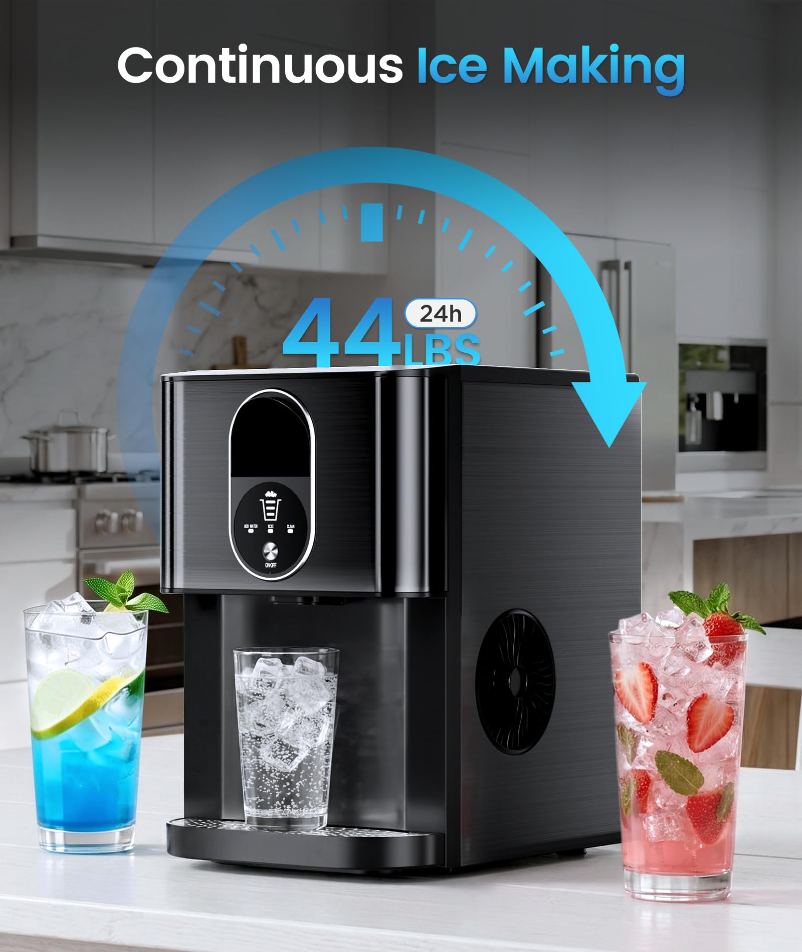 Antarctic Star Nugget Ice Maker Countertop With Soft Chewable Ice, 44lbs/24h Portable Pellet Ice Machine With Self-Cleaning, One-Click Operation, For Home/Kitchen/Office, Stainless Steel, Black on Fridge.com - View 2
