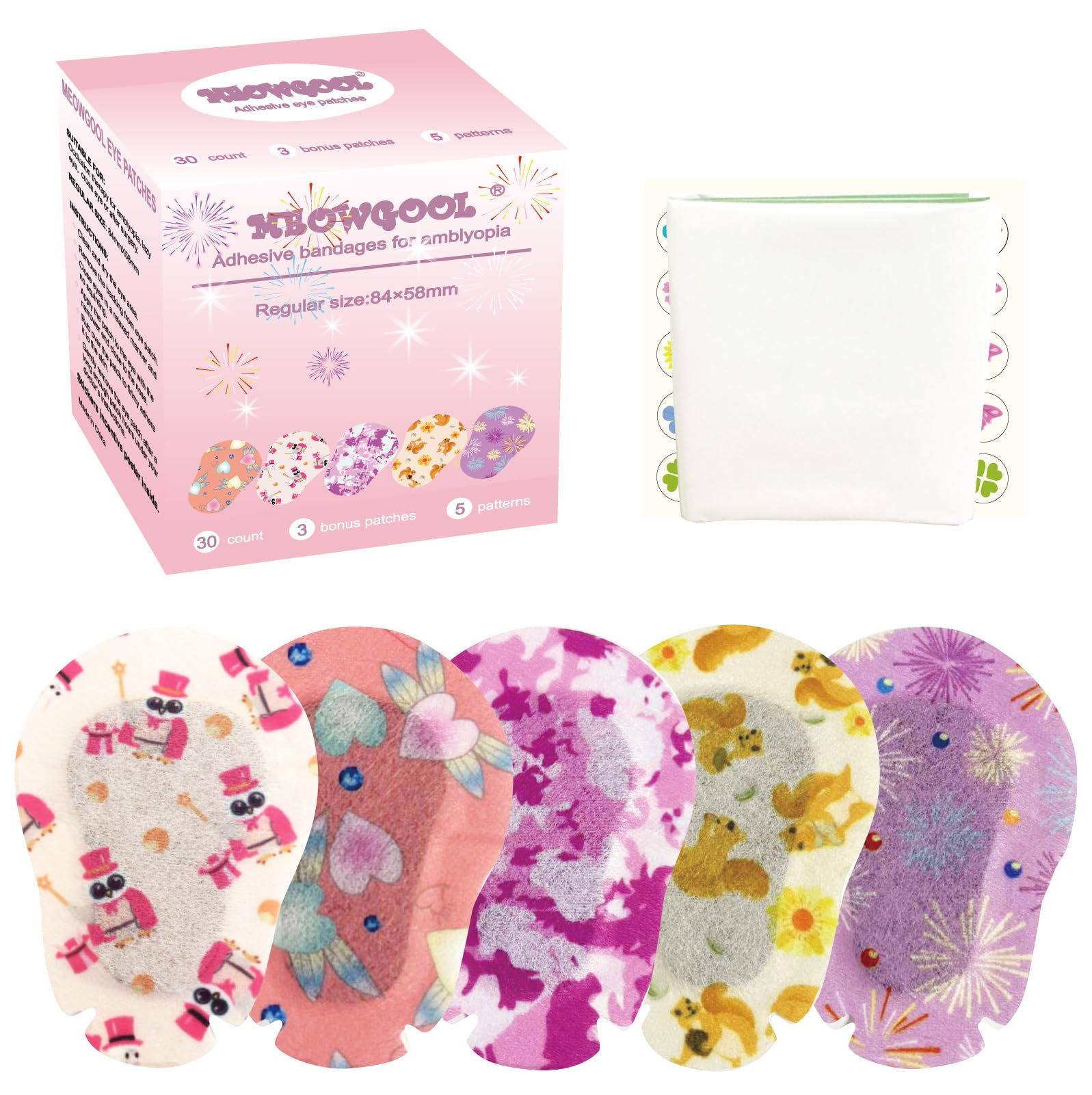 Meowgool Adhesive Eye Patches for Kids with Lazy Eye, 30+3 Bonus Patches, Adhesive Bandages for Amblyopia, 5 Fun Girls Designs, 1 Incentive Poster (