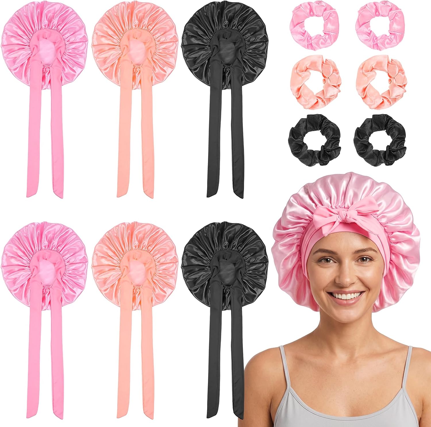 12 Pcs Mulberry Silk Bonnet for Sleeping Women, Adjustable Bonnets With Tie