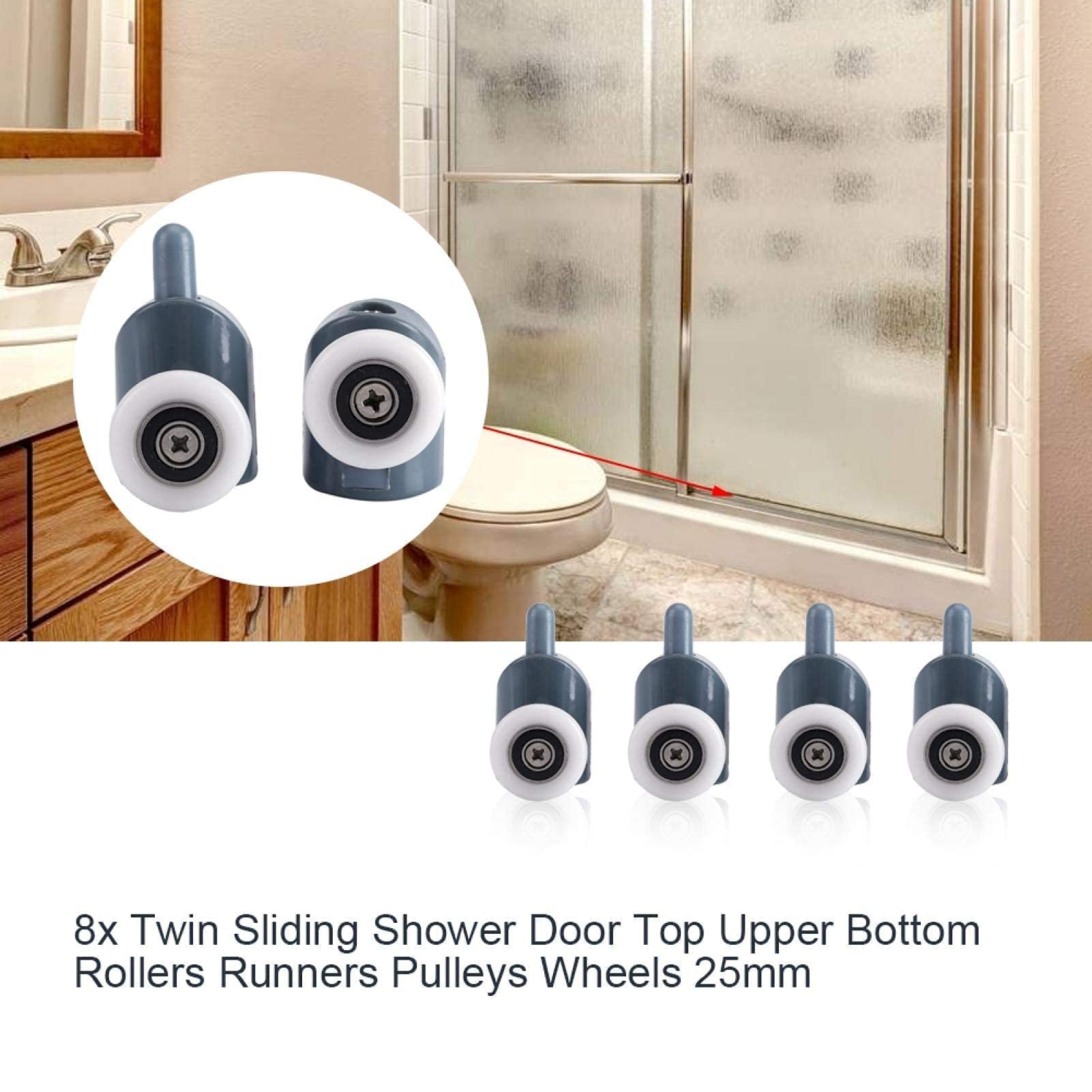 Pulleyas para puertas y ducha, rouleaux para cabinas de ducha, guías de porte y ruedas superiores e inferiores