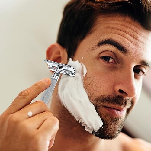 Miniatura 6 de minkissy Afeitadora manual para hombre, de doble cara, de acero inoxidable, clásica, con mango de barba, afeitadora duradera, herramienta de afeitar