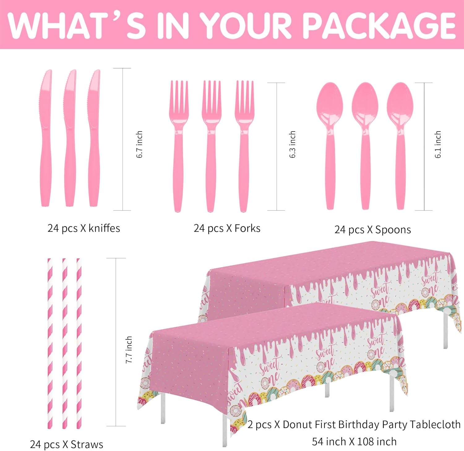 Xigejob Donut Sweet One Birthday Party Decorations Tableware For Girls First - Pink Donut 1st Birthday Party Supplies, Plate, Cup, Napkin, Cutlery, Tablecloth | Serves 24 - Image 3