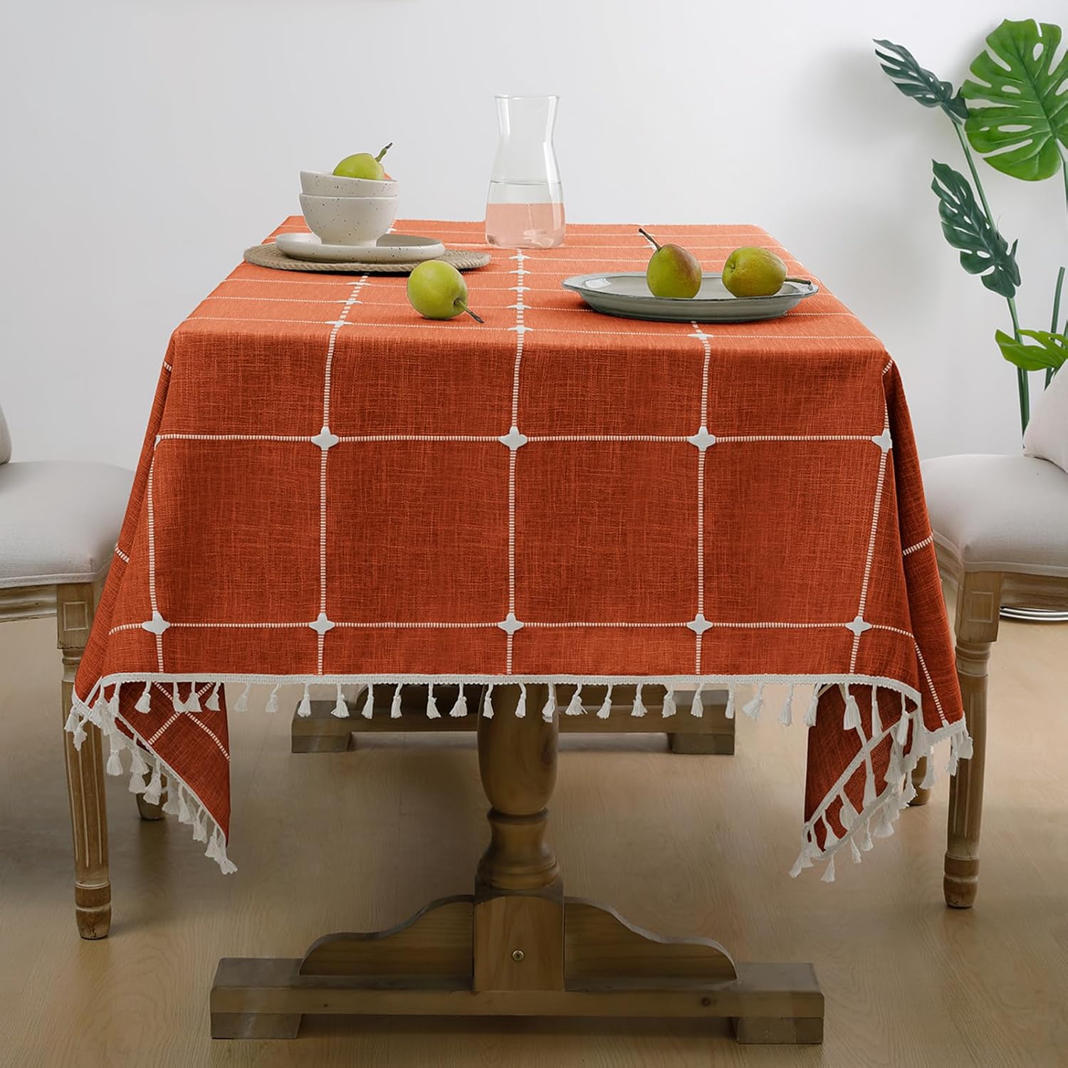 Softalker Fall Tablecloth Rectangle, Waterproof Linen Cotton Farmhouse Table Cloths with Tassel, Heavy Weight Wrinkle Free Table Cover for Dining/Party/Rustic - 55 x 84 Inch, Burnt Orange Plaids Burnt Orange Plaids 55" x 84" (Rectangular)
