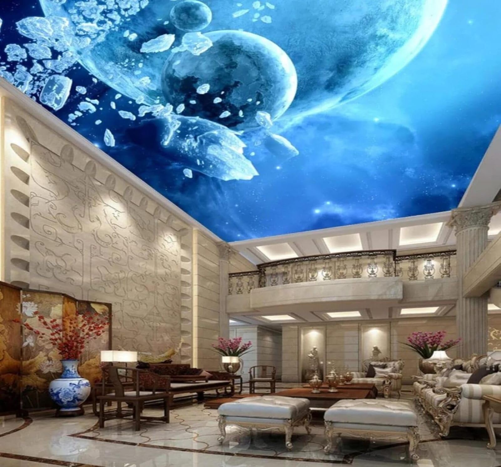 Tzxztt 150Cm×105Cm(B×H) Beautiful Blue Starry Sky Milky Way Planets Modern 3D Wallpaper Premium Textured Silk Neutral Tones Material Ideal For Living Room Bedroom-150Cm×105Cm
