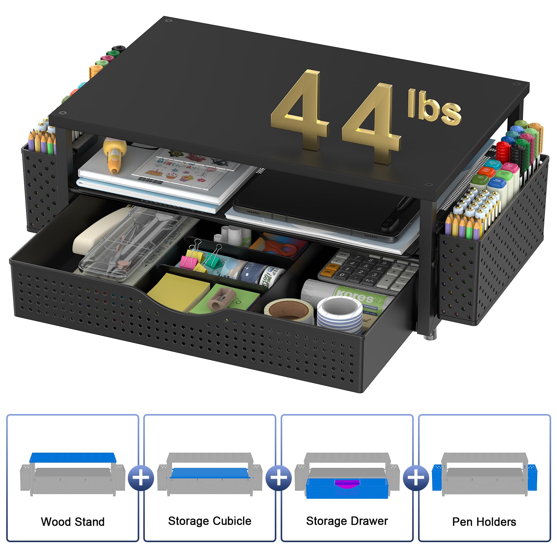 Organizador de escritorio y accesorios, soporte elevador para monitor de computadora con cajón y 2 soportes para bolígrafos, accesorios de escritorio de oficina y organizadores de espacio de trabajo 6