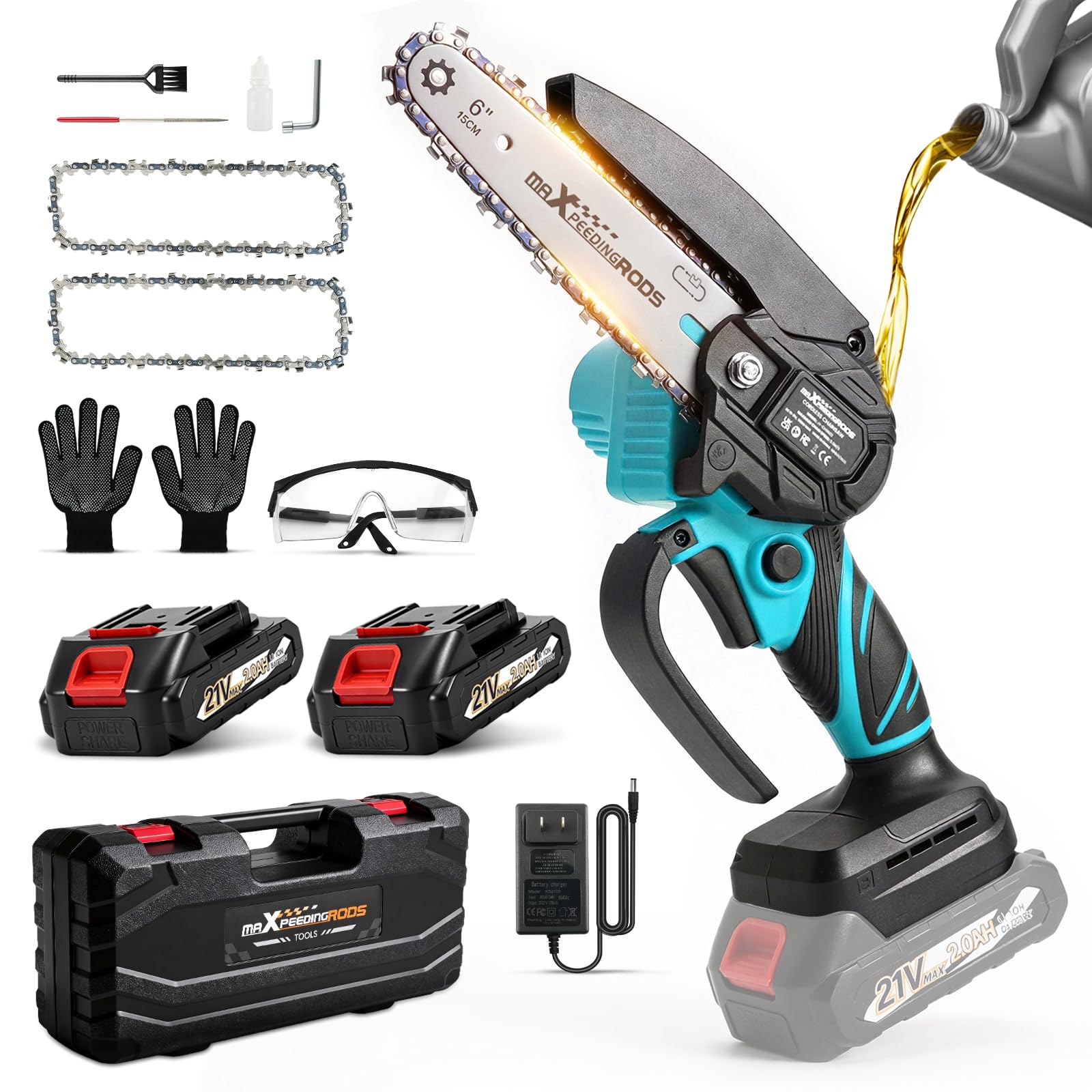 maXpeedingrods Motosierra eléctrica de 6 pulgadas con batería, motosierras eléctricas | Con cargador y cadena de repuesto, motosierra de mano, batería para tijeras de podar, tijeras de podar, corte de madera
