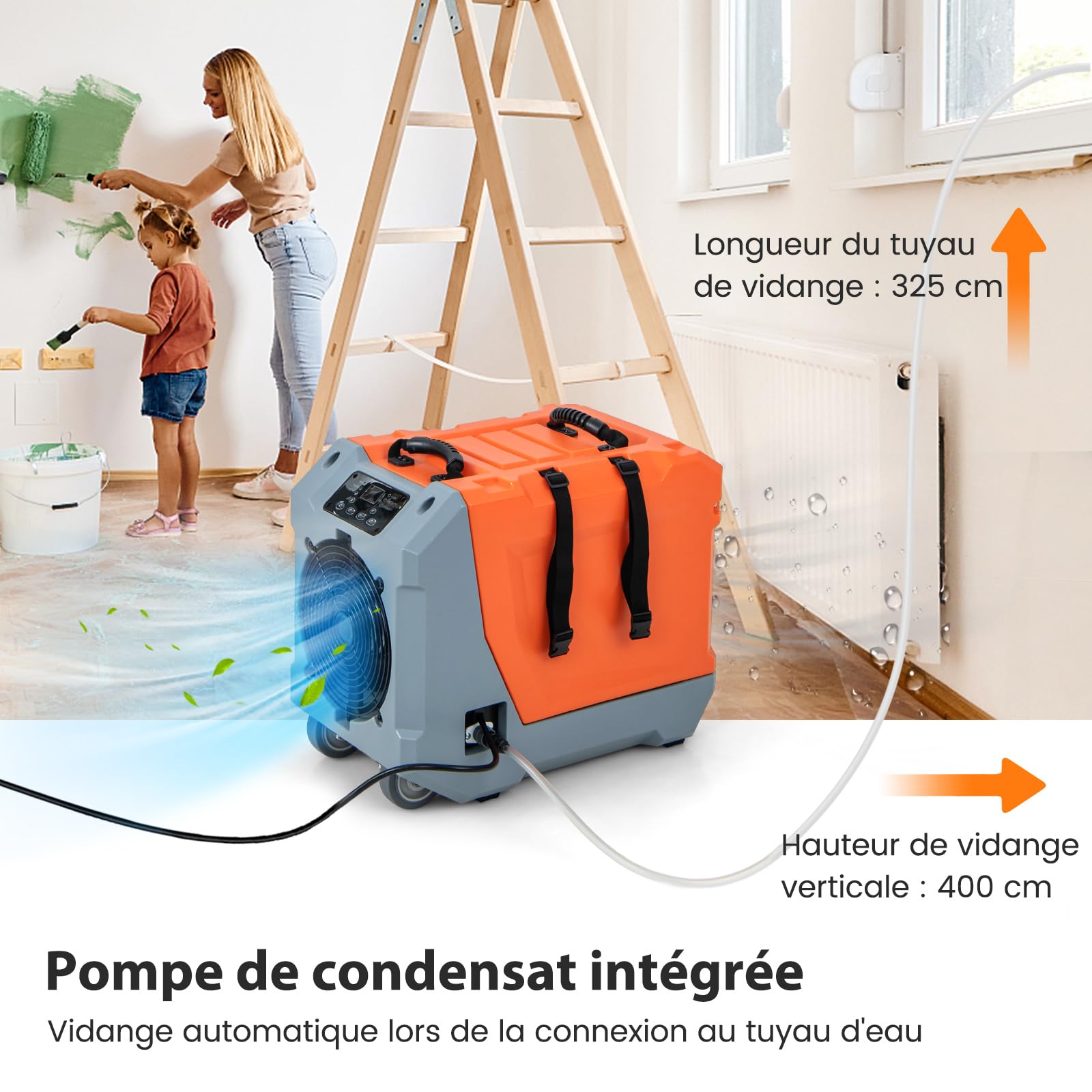 COSTWAY Déshumidificateur Commercial 85L/Jour avec Pompe 2 Roues (Orange)