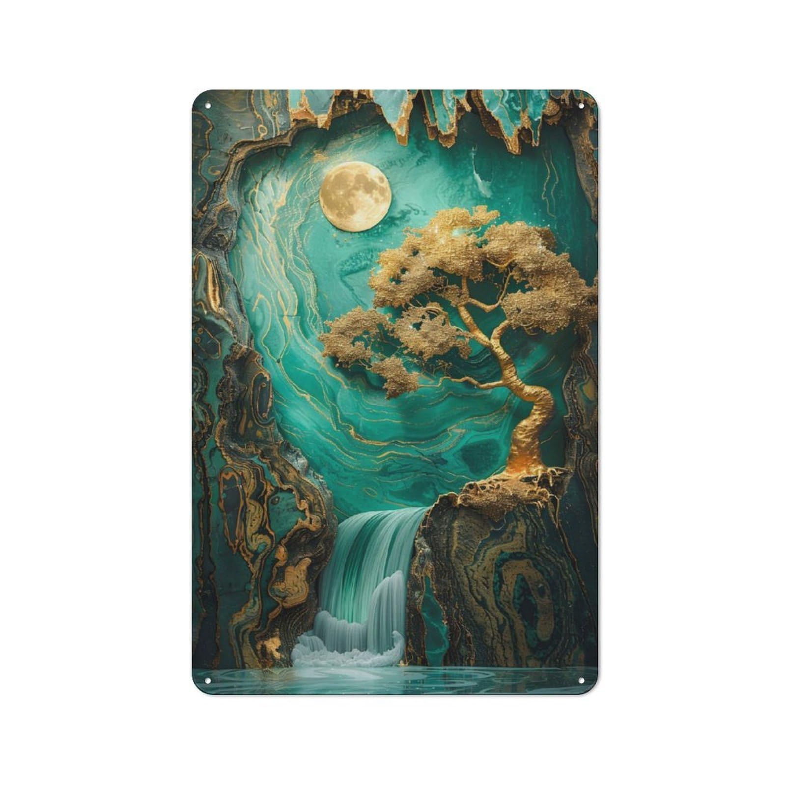 Junmoney Golden Tree In The Cave Tin Wall Plaque 30X20cm With For Pub Or Café, With Clear Vintage Wall Decor Character