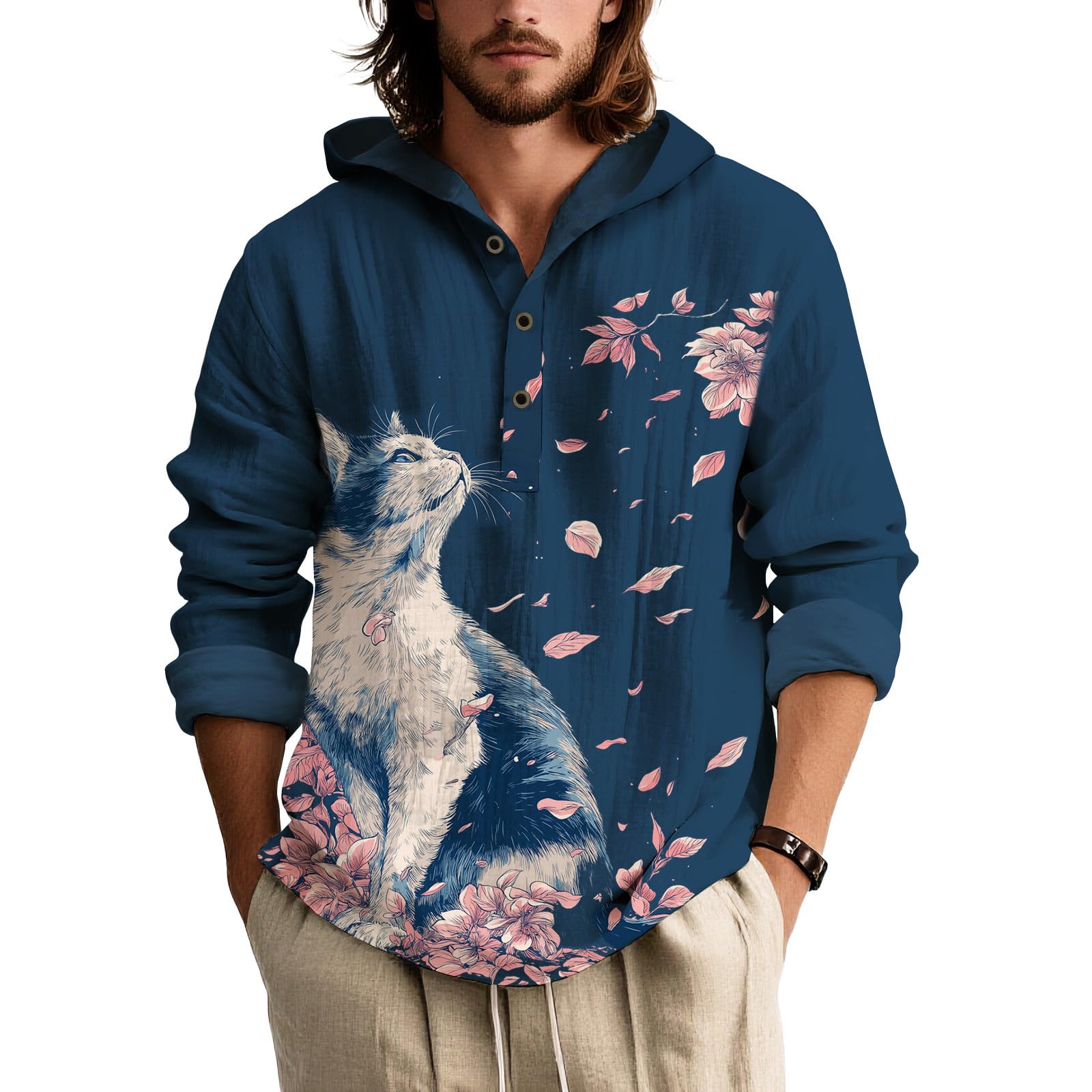 Mens Long Sleeve Hooded Button Down Shirt Relaxed Fit Lightweight Botanical Print Beach Vacation Top